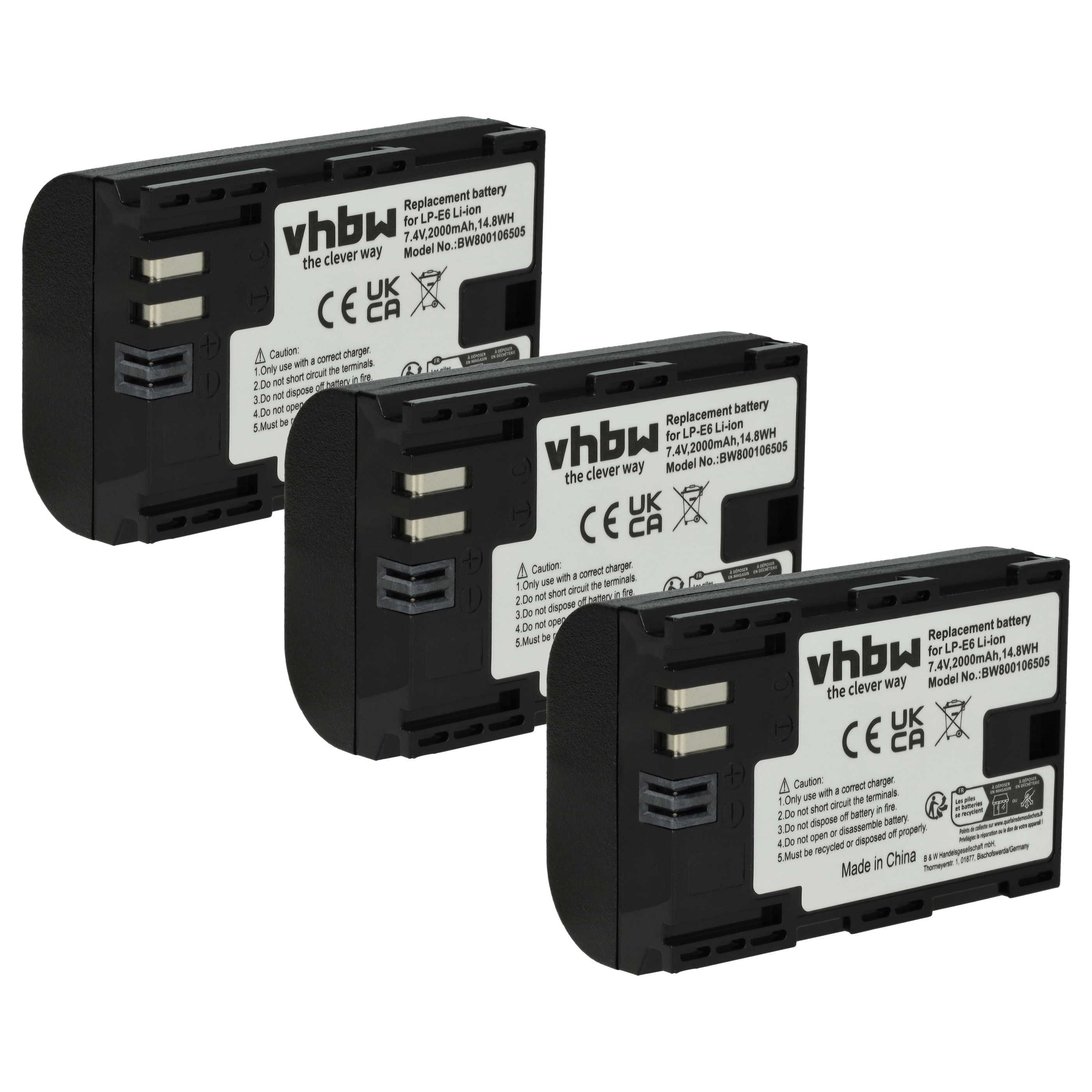 vhbw Akku passend für Canon EOS R5 Mark II, 80D, R5, R6, 7D Mark II, R6 Kamera-Akku Akku Li-Ion 2000 mAh (7,2 V, 3 St), Leistungsfähige Austausch-Akkus für Digitalkamera, Spiegelreflexkamera