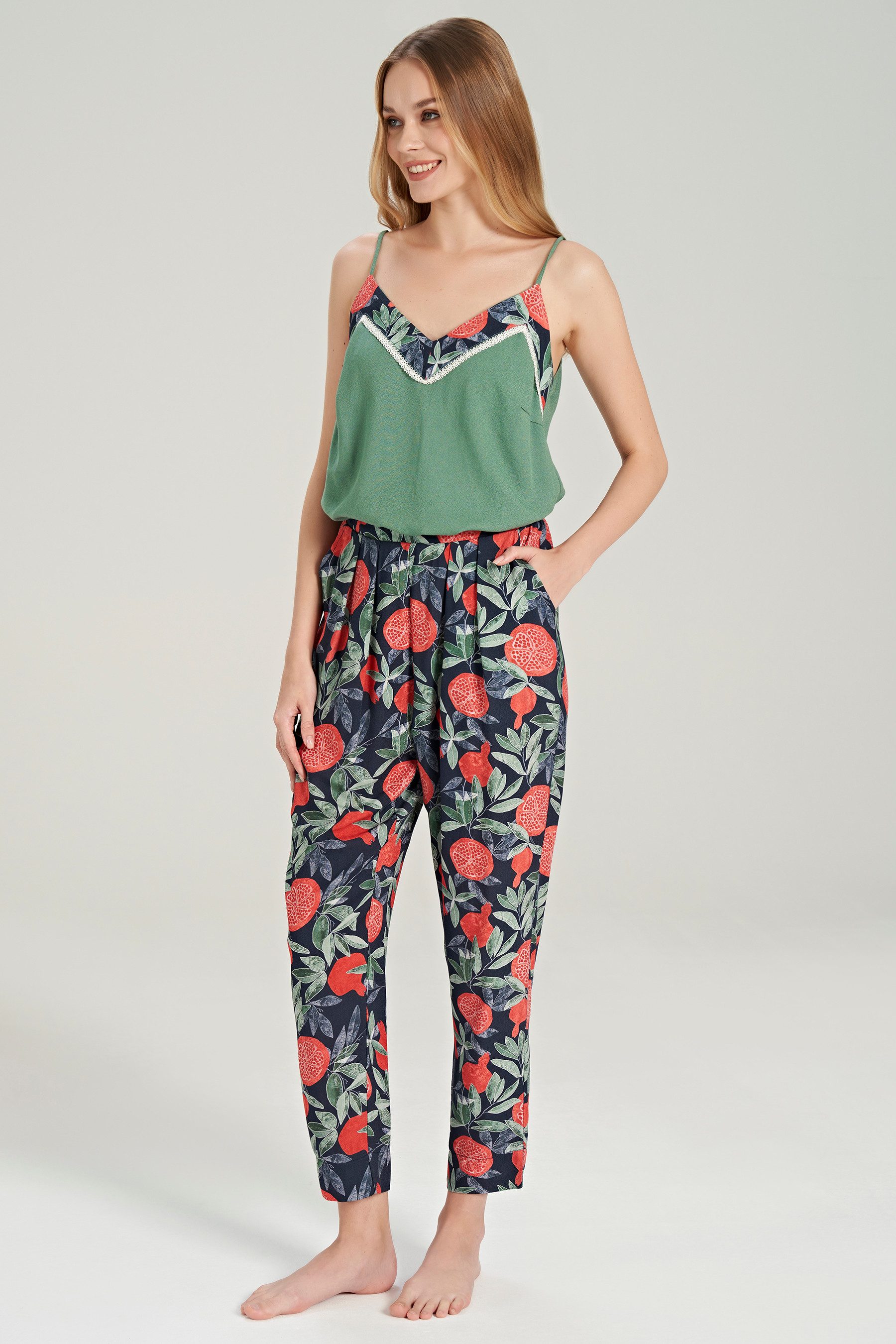 FEYZA Capri-Pyjama Damen Pyjama-Set mit Granatapfelmuster und Spitzendetail