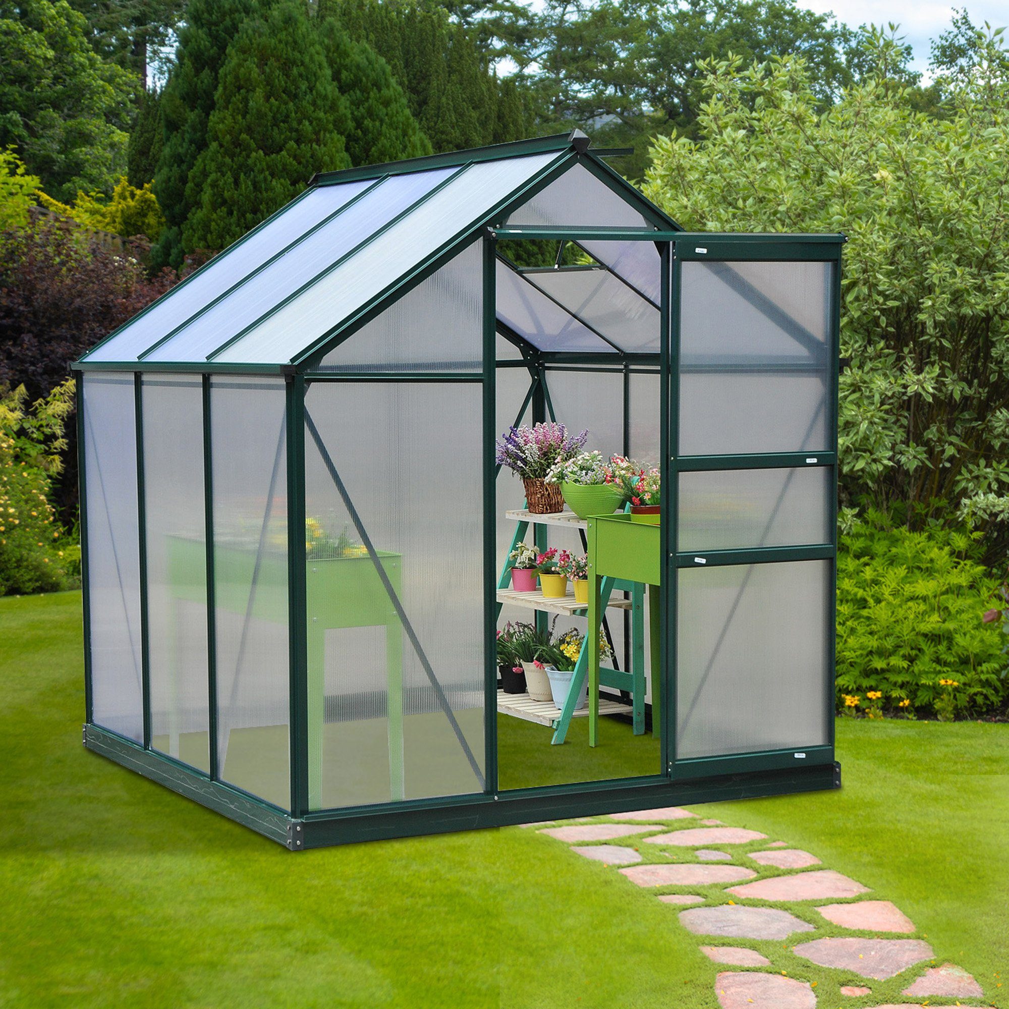 Outsunny Gewächshaus mit Polycarbonatgehäuse und Dachklappe Witterungsbeständig, BxTxH: 190 x 192 x 201 cm, BxLxH: 192 x 190 x 201 cm, 4 mm Wandstärke, Set 1-St., Tomatenhaus, Grün+Transparent