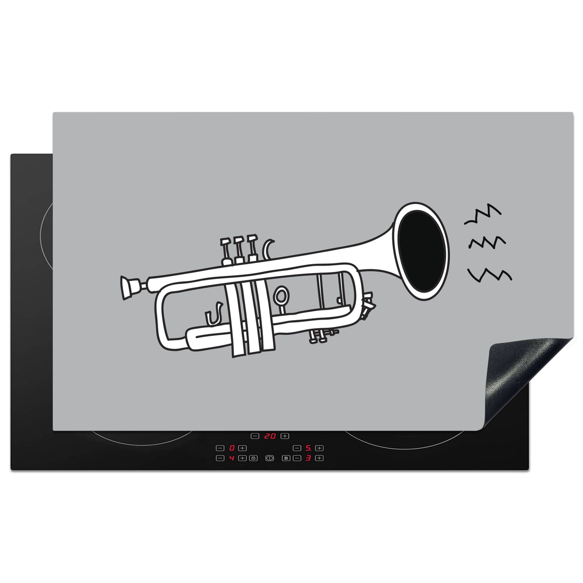 MuchoWow Herdblende-/Abdeckplatte Schwarz-weiße Illustration einer Trompete auf grauem Hintergrund, Vinyl, (1 tlg), 83x51 cm, Ceranfeldabdeckung, Arbeitsplatte für küche