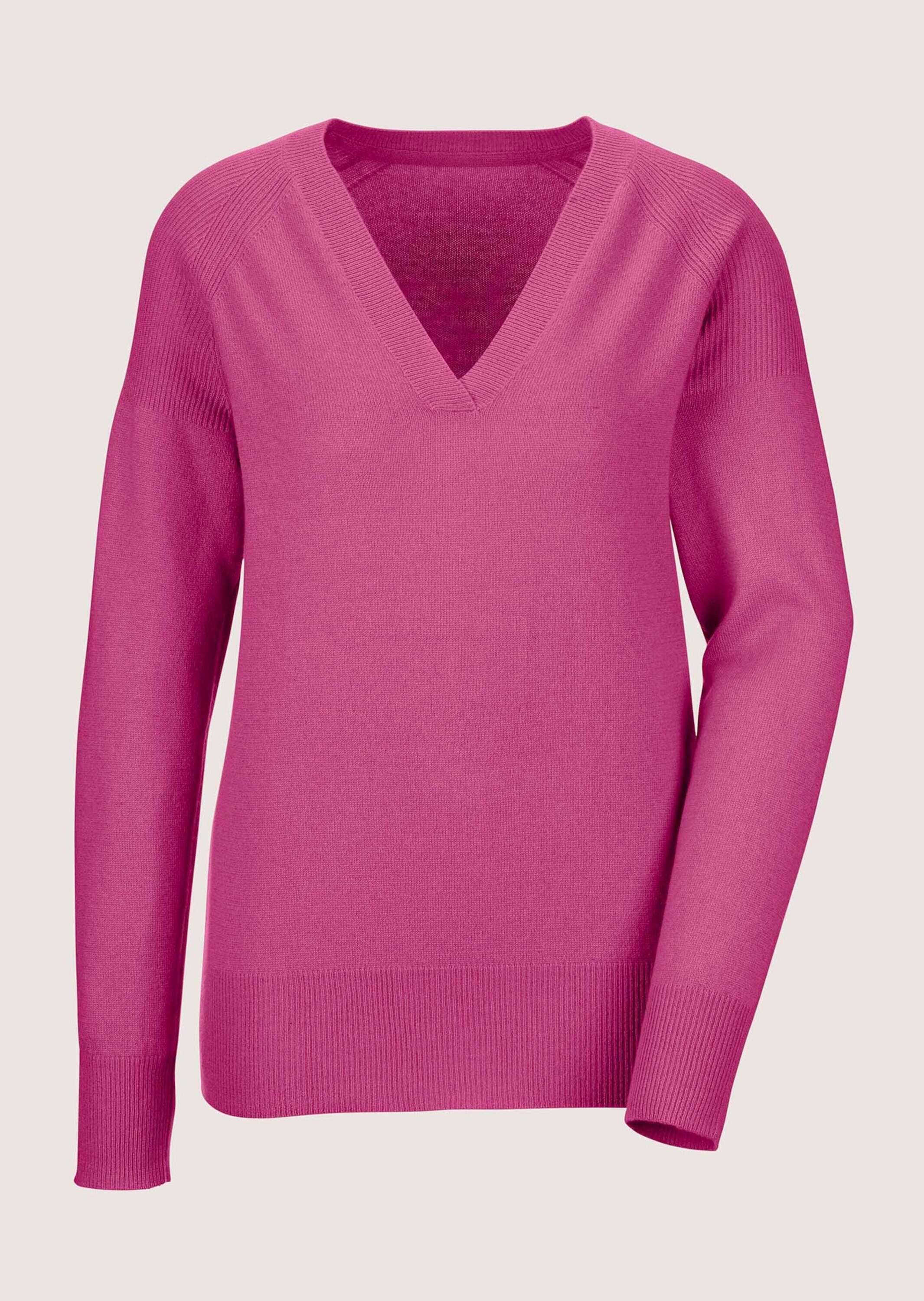 MADELEINE Strickpullover Kaschmirpullover mit V-Ausschnitt Langarm Strickpullover in lässiger Weite, Rippstrick-Details