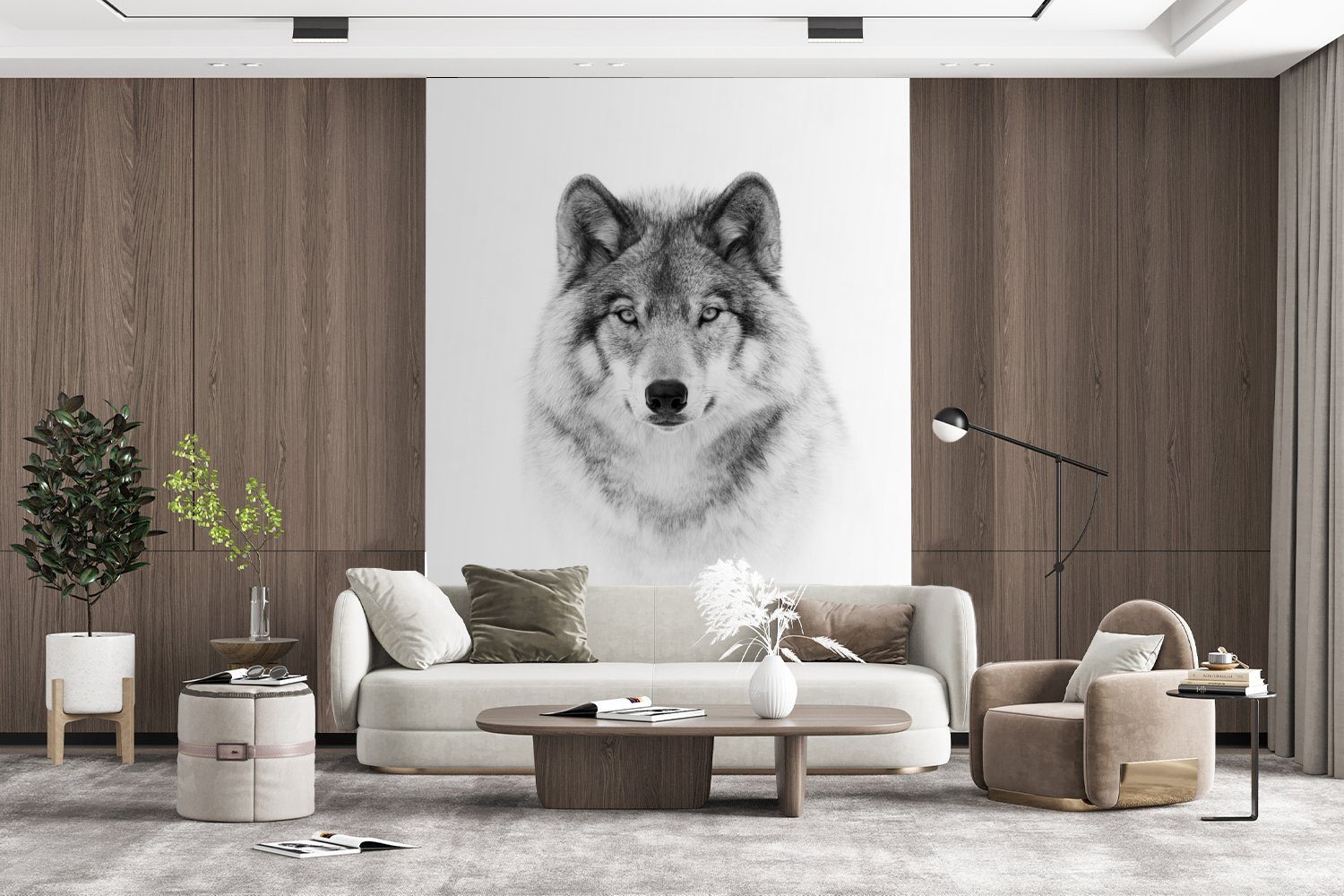 Matt, bedruckt, Tapete (4 Wohnzimmer, Vinyl Montagefertig Wandtapete für Weiß, - Tiere MuchoWow Porträt Fototapete Wolf St), - -
