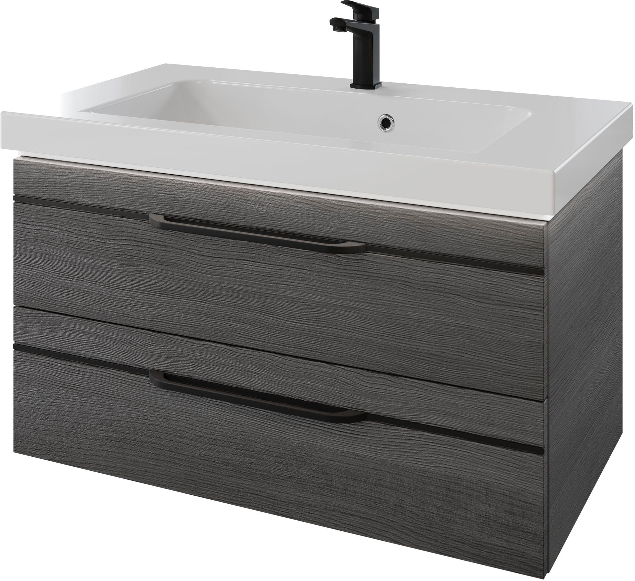Saphir Badmöbel-Set Balto 2-teilig Mineralmarmor-Waschtisch mit LED-Spiegel, Waschplatz, (2-St), 92 cm breit, mit 2 Schubladen, Badschrank inkl. Schubladendämpfer