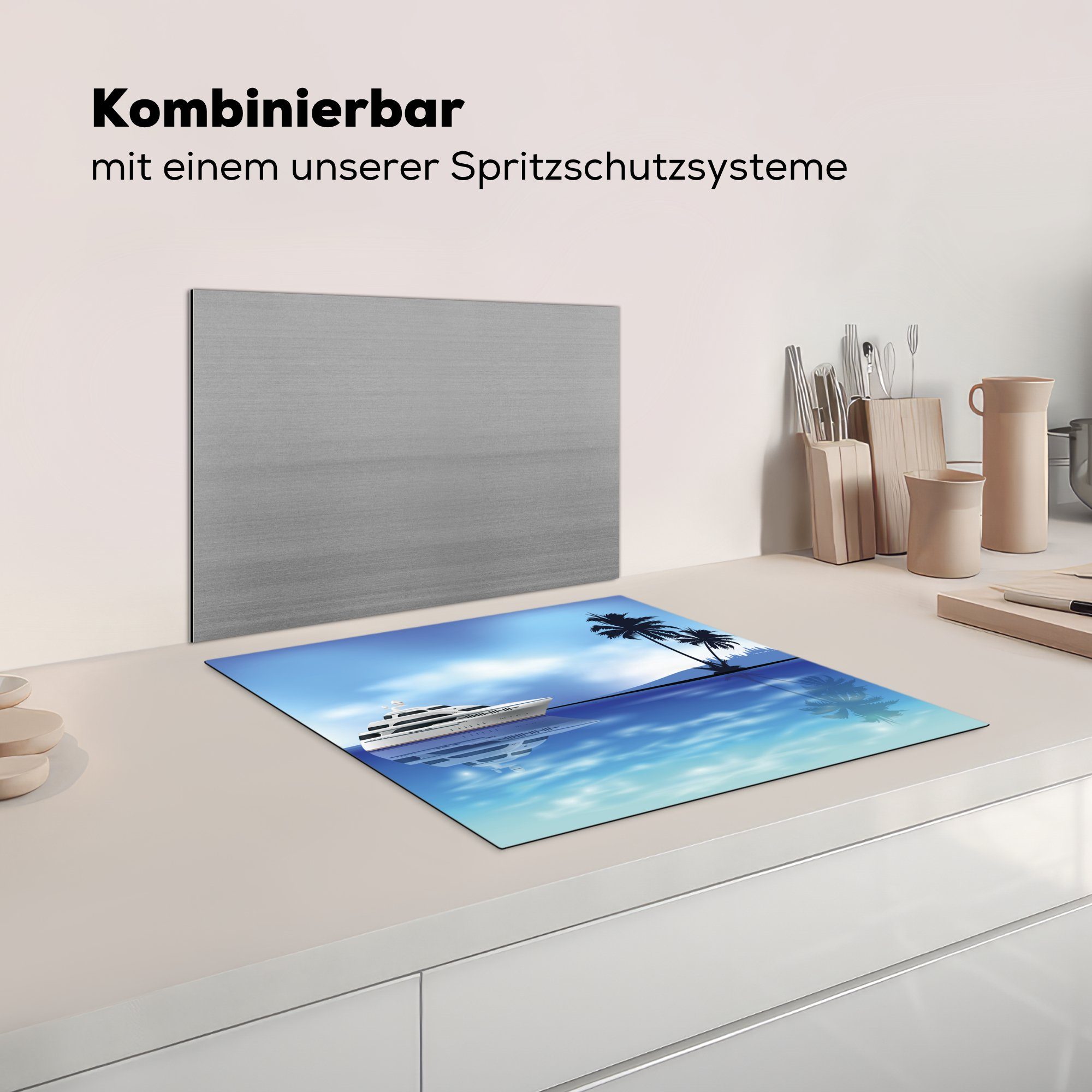 Ceranfeldabdeckung tlg), Arbeitsfläche 60x52 Jacht Illustration MuchoWow einer weißen See, Mobile Vinyl, nutzbar, (1 cm, Herdblende-/Abdeckplatte auf