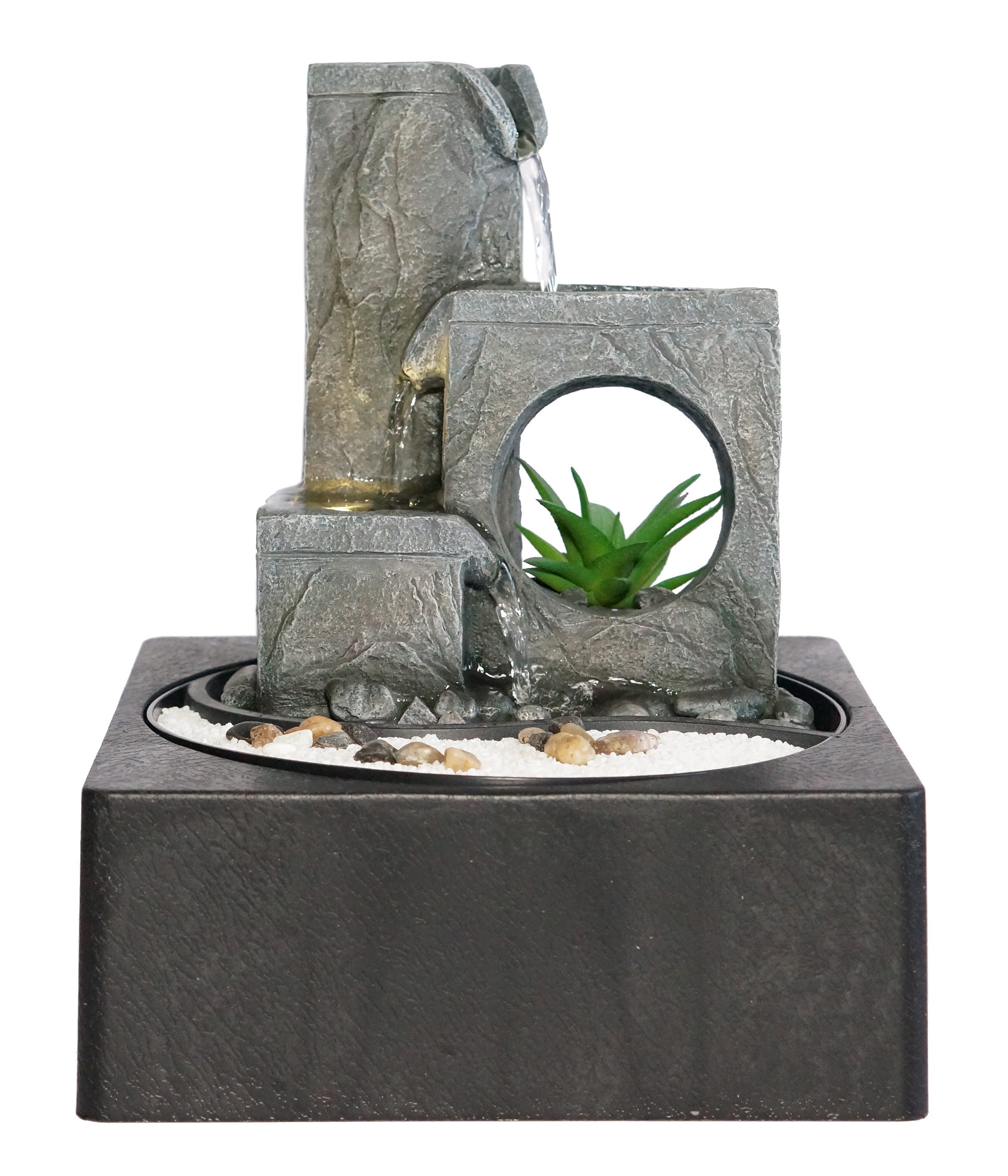 Dehner Zimmerbrunnen Mana, mit LED-Beleuchtung, 23 x 27 x 23 cm, Polyresin, grau, beruhigendes Wasserspiel mit sanftem, warmweißen Licht