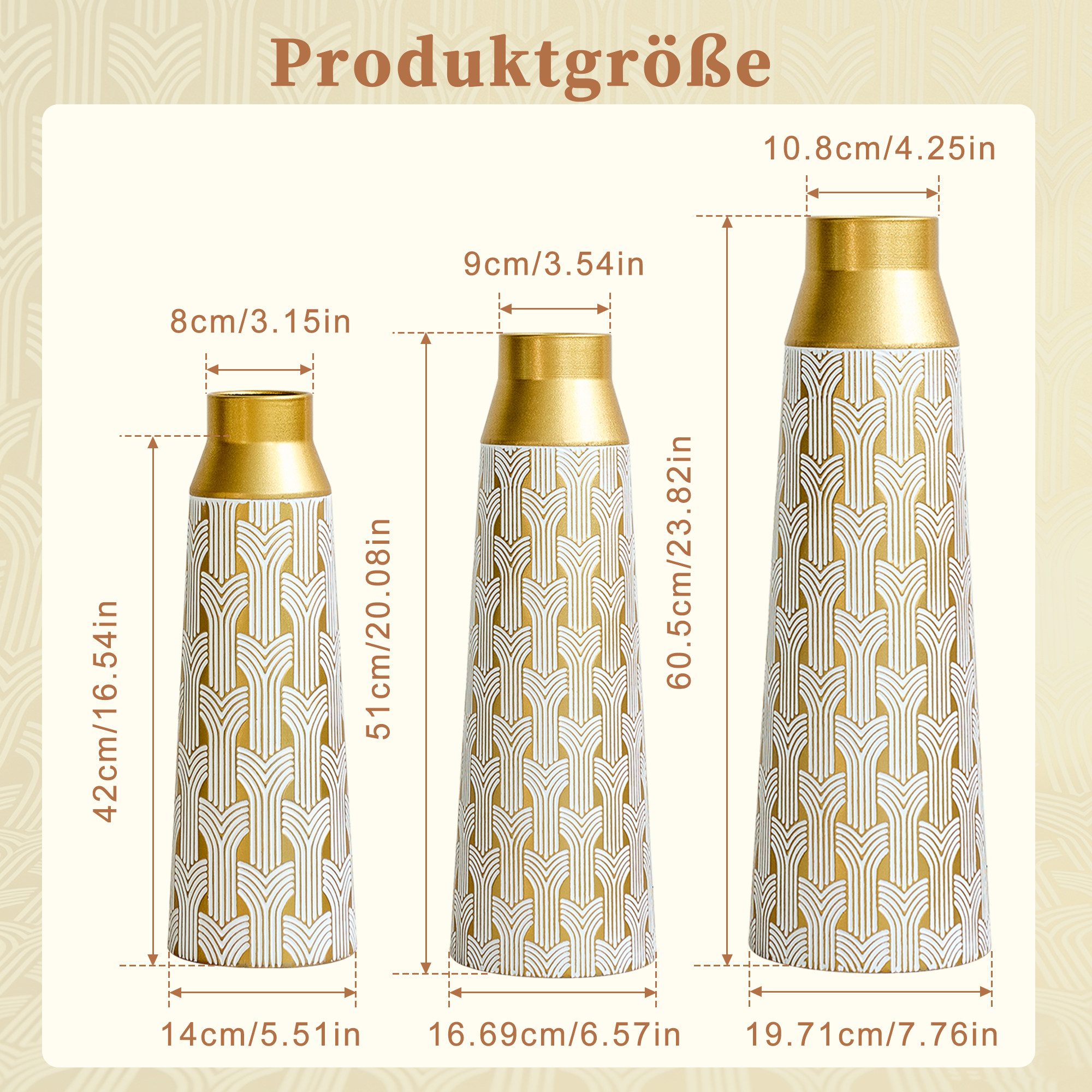 KLAM HOME Bodenvase Große Bodenvase 3er Set aus Metall, (50/65/83 cm), Mid-Century Modern (Dekovase Boden bis zur Decke reichende Vase, hohe dekorative Vase), Vintage Deko, Dekorative Vase für Wohnzimmer, Flur und Schlafzimmer