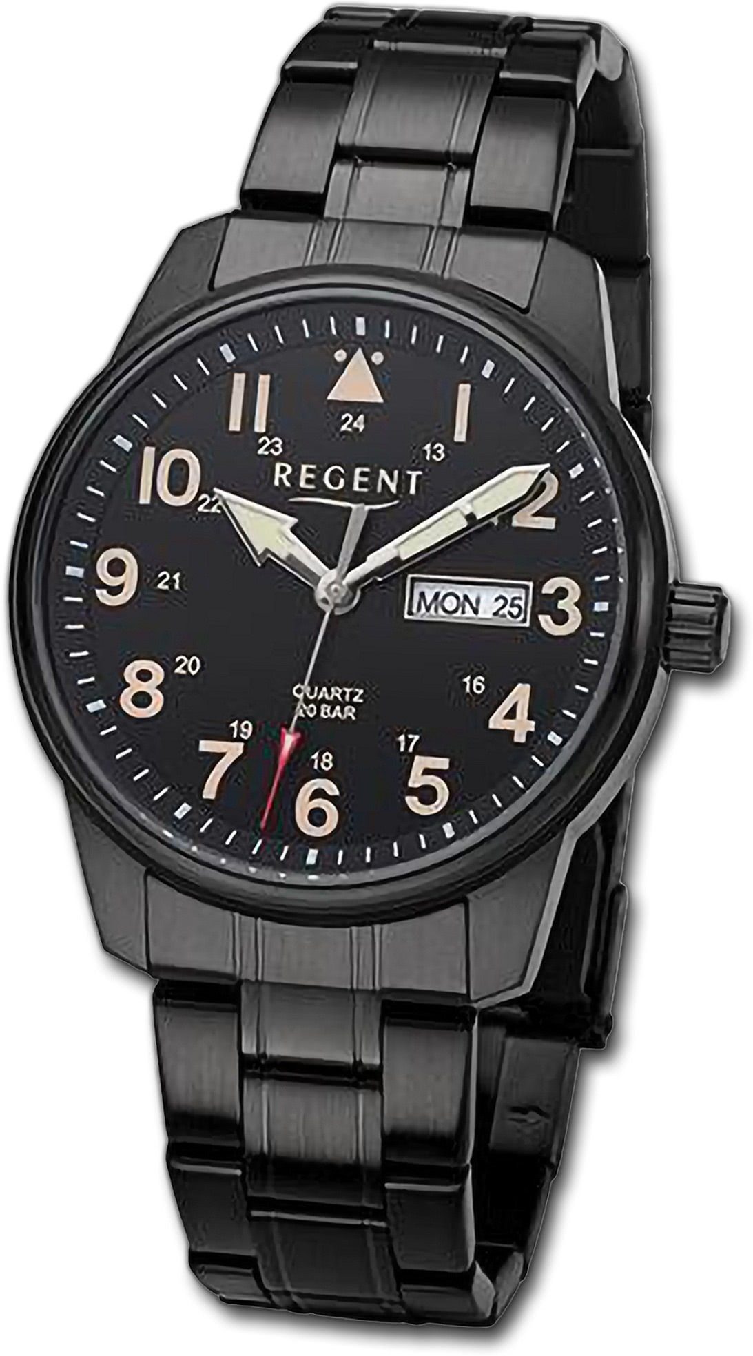 Regent Quarzuhr Regent Herren Armbanduhr Analog, Herrenuhr Metallarmband schwarz, rundes Gehäuse, extra groß (40,5mm)