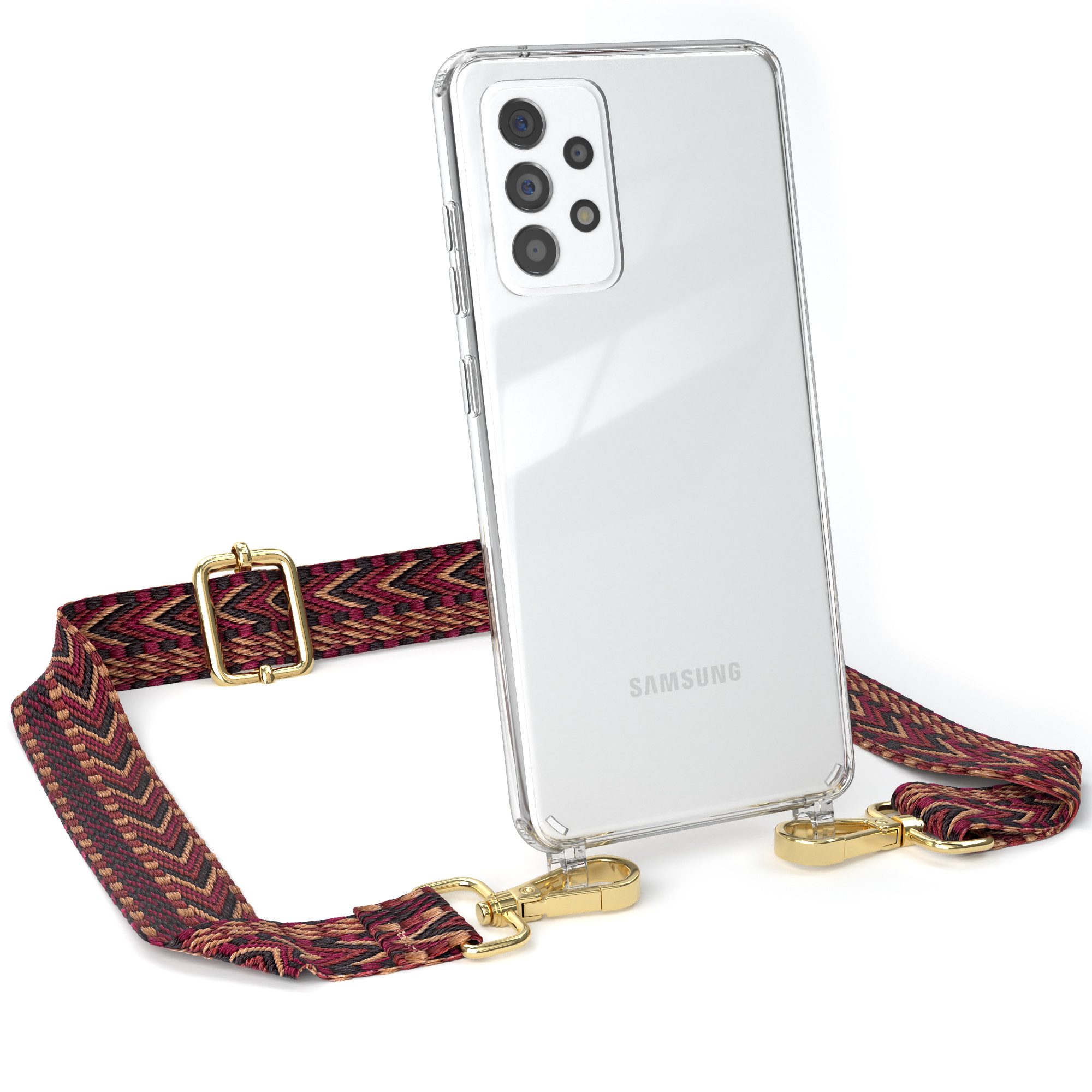 EAZY CASE Handykette Boho Umhängeband für Galaxy A52 / A52 5G / A52s 5G 6,5 Zoll, dünner Riemen Silikon Hülle zum Umhängen Umhängetasche schmal Etui Rot