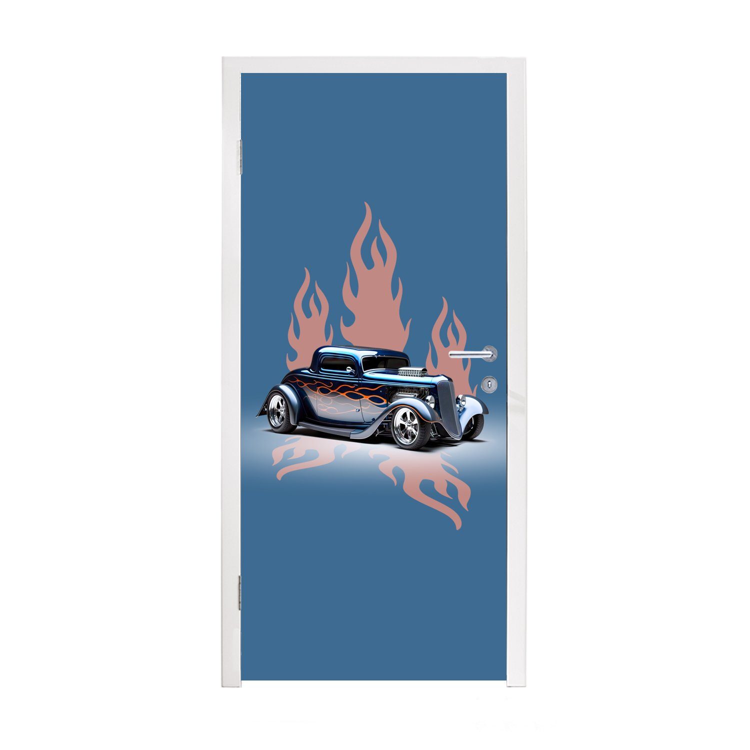 MuchoWow Türtapete Auto - Blau - Flammen - Vintage, Matt, bedruckt, (1 St), Fototapete für Tür, Türaufkleber, 75x205 cm