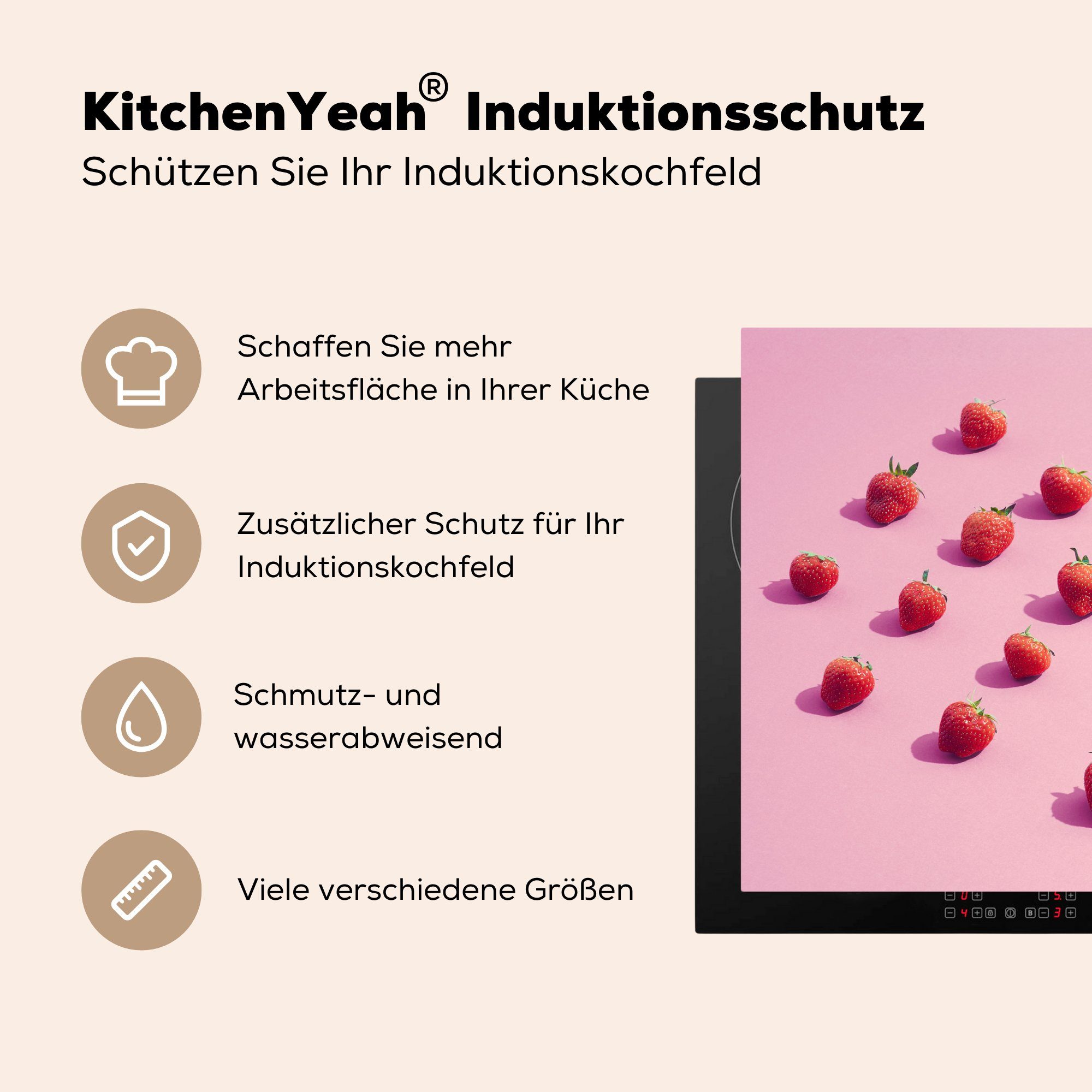 Vinyl, cm, Schutz - Ceranfeldabdeckung küche, Herdblende-/Abdeckplatte Obst, Erdbeere die Induktionskochfeld tlg), Rosa - MuchoWow (1 für 81x52