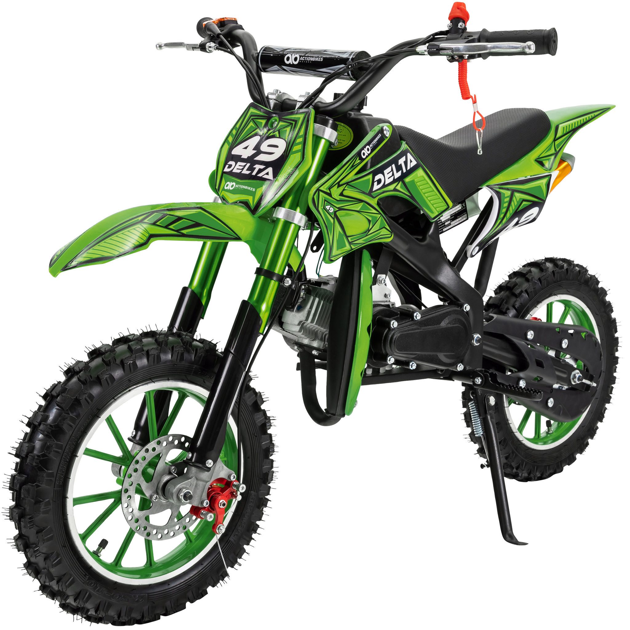 Actionbikes Motors Motorrad 49 ccm Delta Mini Crossbike, Benzin-Motorrad, 40 km/h, Scheibenbremsen, 49 ccm, 50 km/h, Euro 0, (Crossbike, Crossbike, Poketbike, mini Motorrad, Motorrad für Kinder), Not-Aus-Leine; einstellbarer Stoßdämpfer; Automatikgetriebe