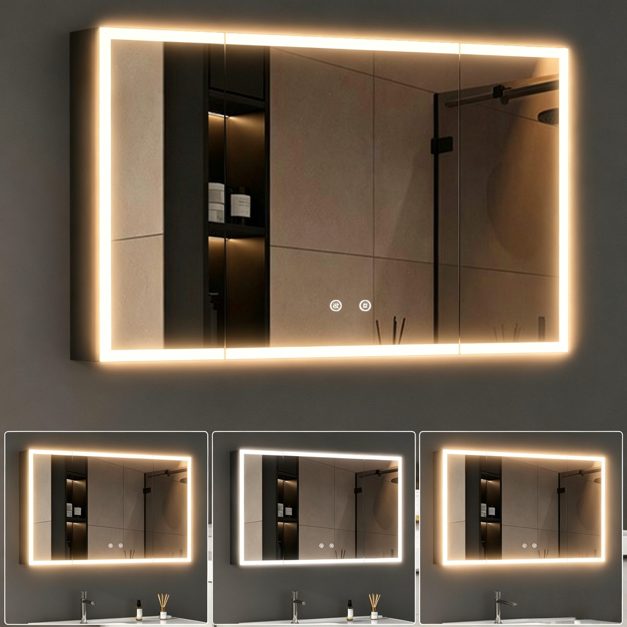 WDWRITTI Spiegelschrank 3türig 100x60x13,5cm Schwarz Metall Kalt/Neutral/Warmweiß Dimmbar (Badezimmerspiegelschrank mit LED Beleuchtung, Speicherfunktion, Anti-Fog, Doppel Spiegel) Aluschranktür, vormontiert geliefert, Netzadapter & Stromkabel