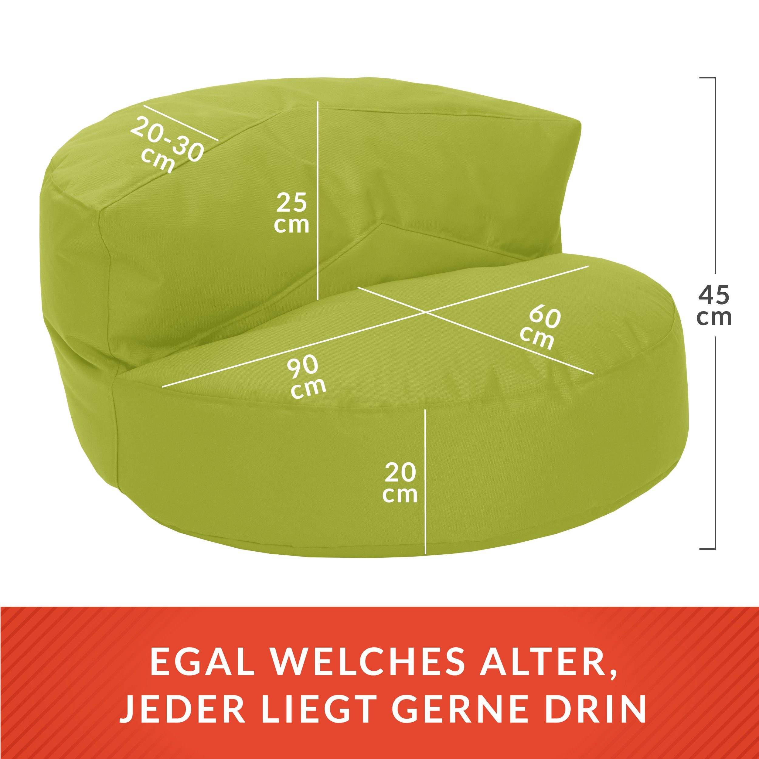 mit Sofa & Indoor Couch Rückenlehne, wasserabweisender Füllung Bean Perlen mit Sitzsack & (mit Green abwaschbarer Gartenliege Outdoor Grün EPS Sitzmöglichkeit Rückenlehne Bezug),