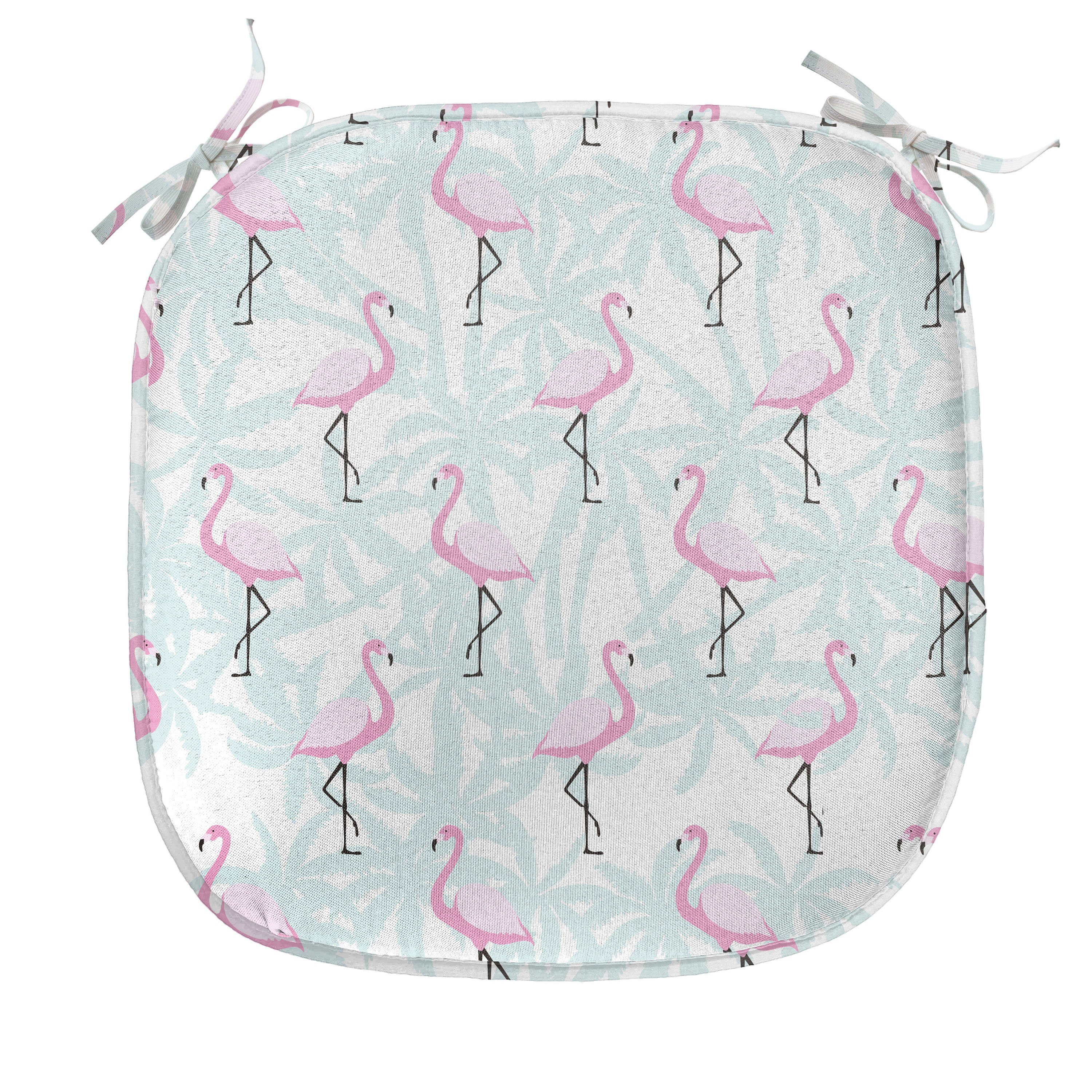 Abakuhaus Stuhlkissen Dekoratives wasserfestes Kissen mit Riemen für Küchensitze, Flamingo Palmen Rosa Vögel