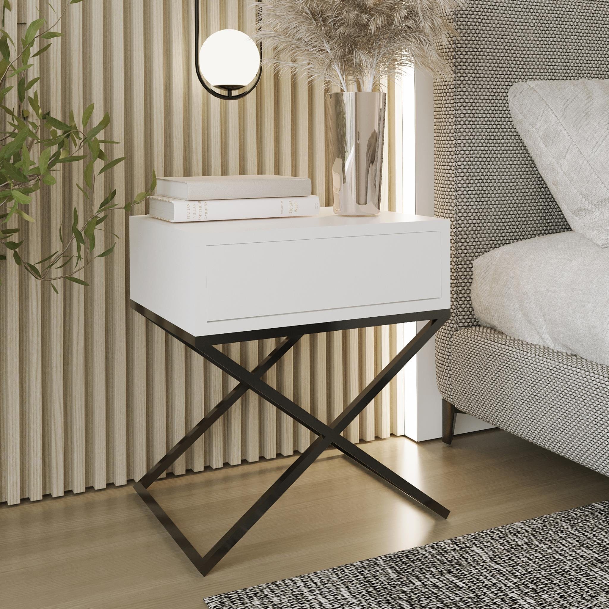 Beautysofa Nachttisch 50 modernes im Schlafzimmer H 35 Schwarz Tisch Metallgestell, Schublade, Weiß (inkl. cm x T), für x kleine (B x Max | x 45 Deisgn x-förmigen