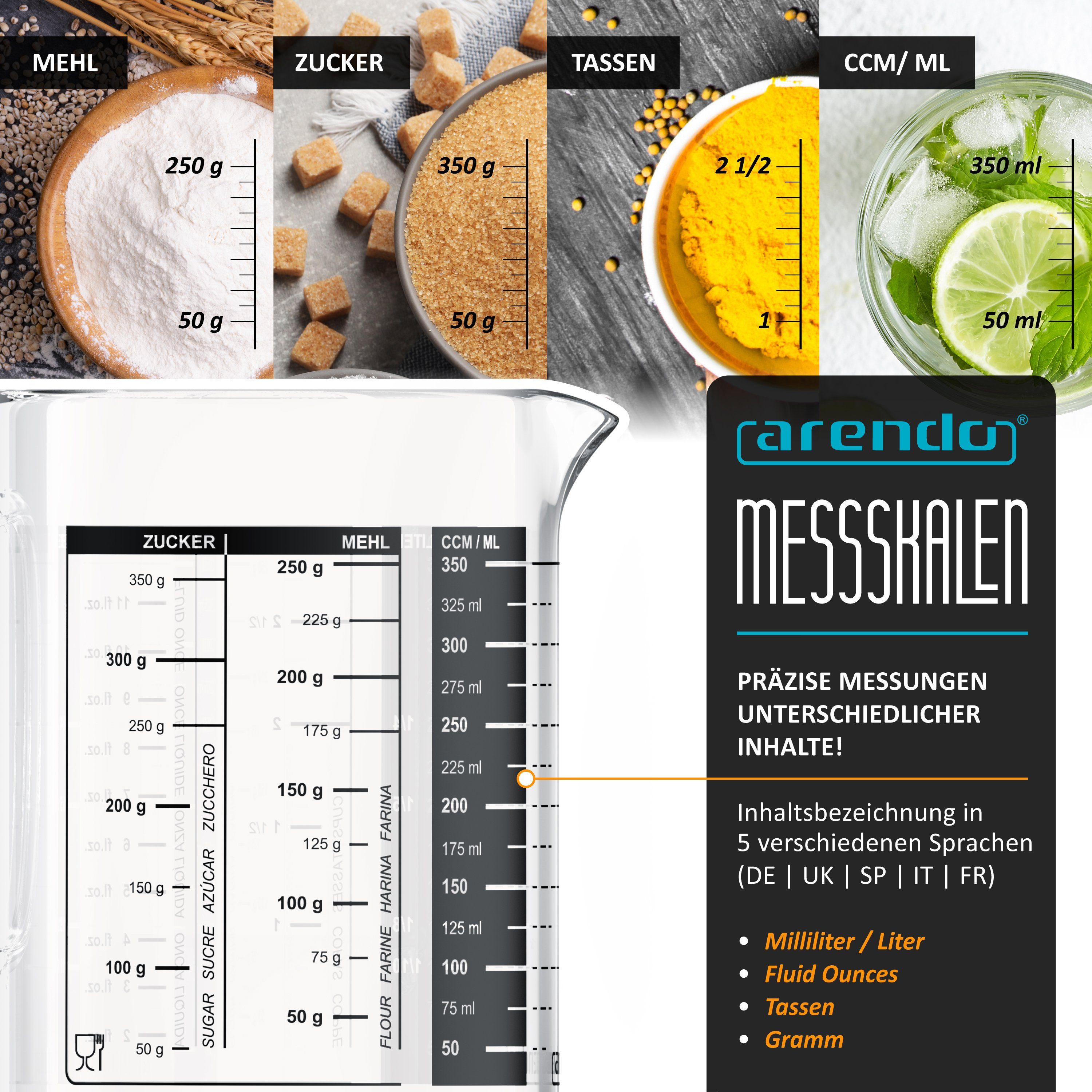 Arendo Messbecher Glasbehälter 350 ml luftdicht, Küchenbehälter mit Bambusdeckel, Glas, Silikondichtung, für Mehl Zucker Gewürze Flüssigkeiten Süßigkeiten