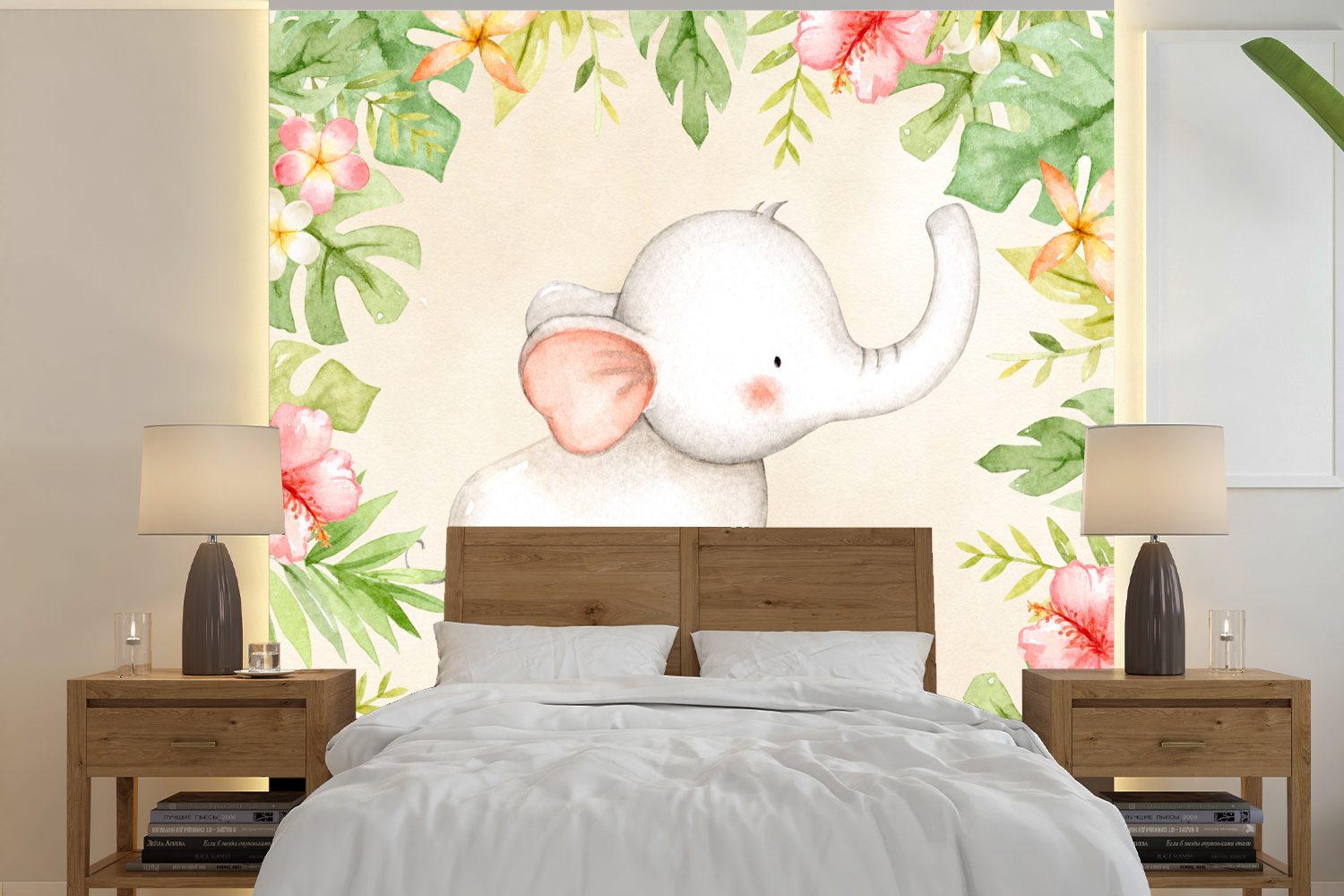 MuchoWow Fototapete Dschungel - Blumen - Elefant, Matt, bedruckt, (5 St), Vinyl Tapete für Wohnzimmer oder Schlafzimmer, Wandtapete