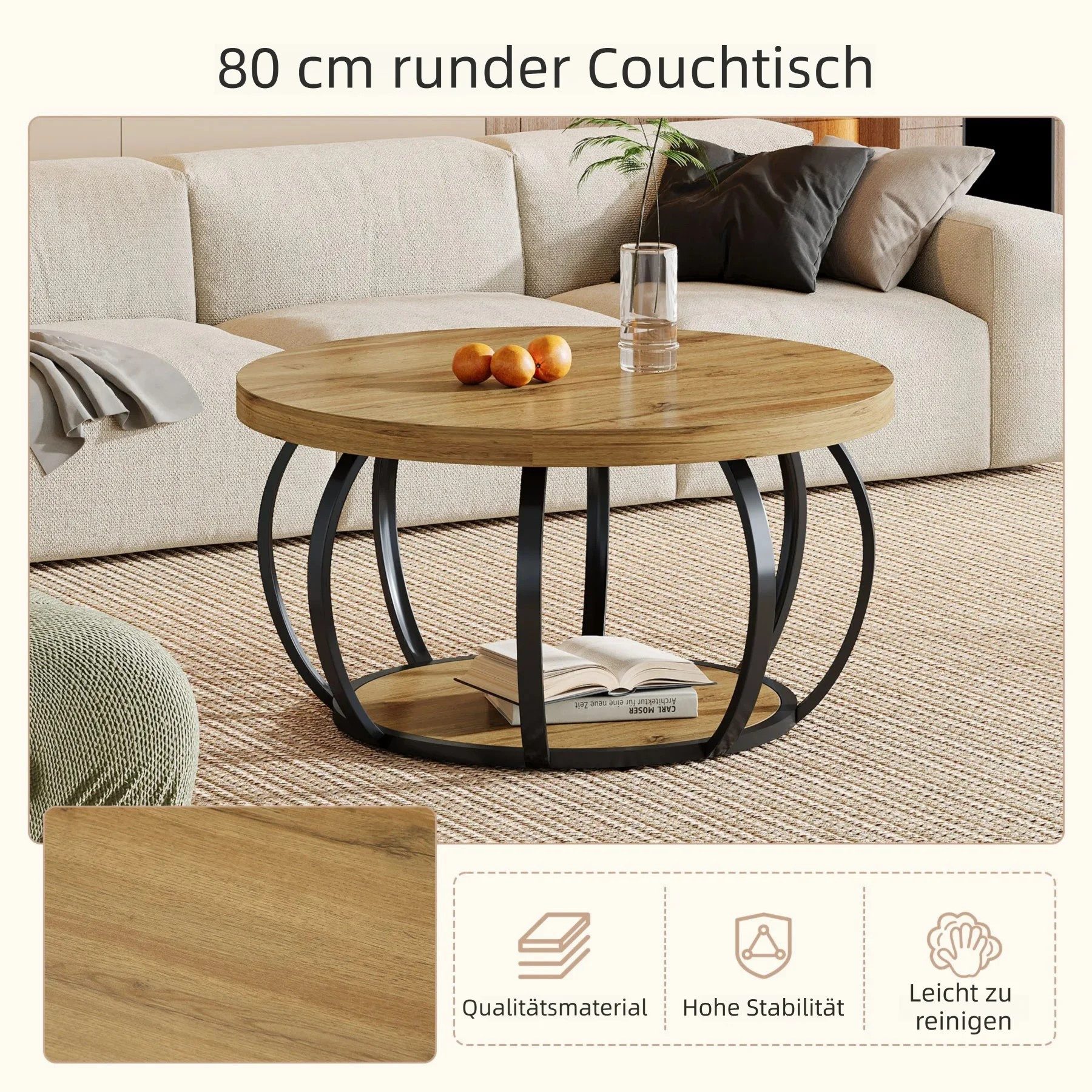 Tribesigns Couchtisch Runde Couchtisch, Industrial 2 Etagen Wohnzimmertisch mit Stauraum, Moderne hölzerne Akzent Mitte Tisch Sofa Beistelltisch für Wohnzimmer