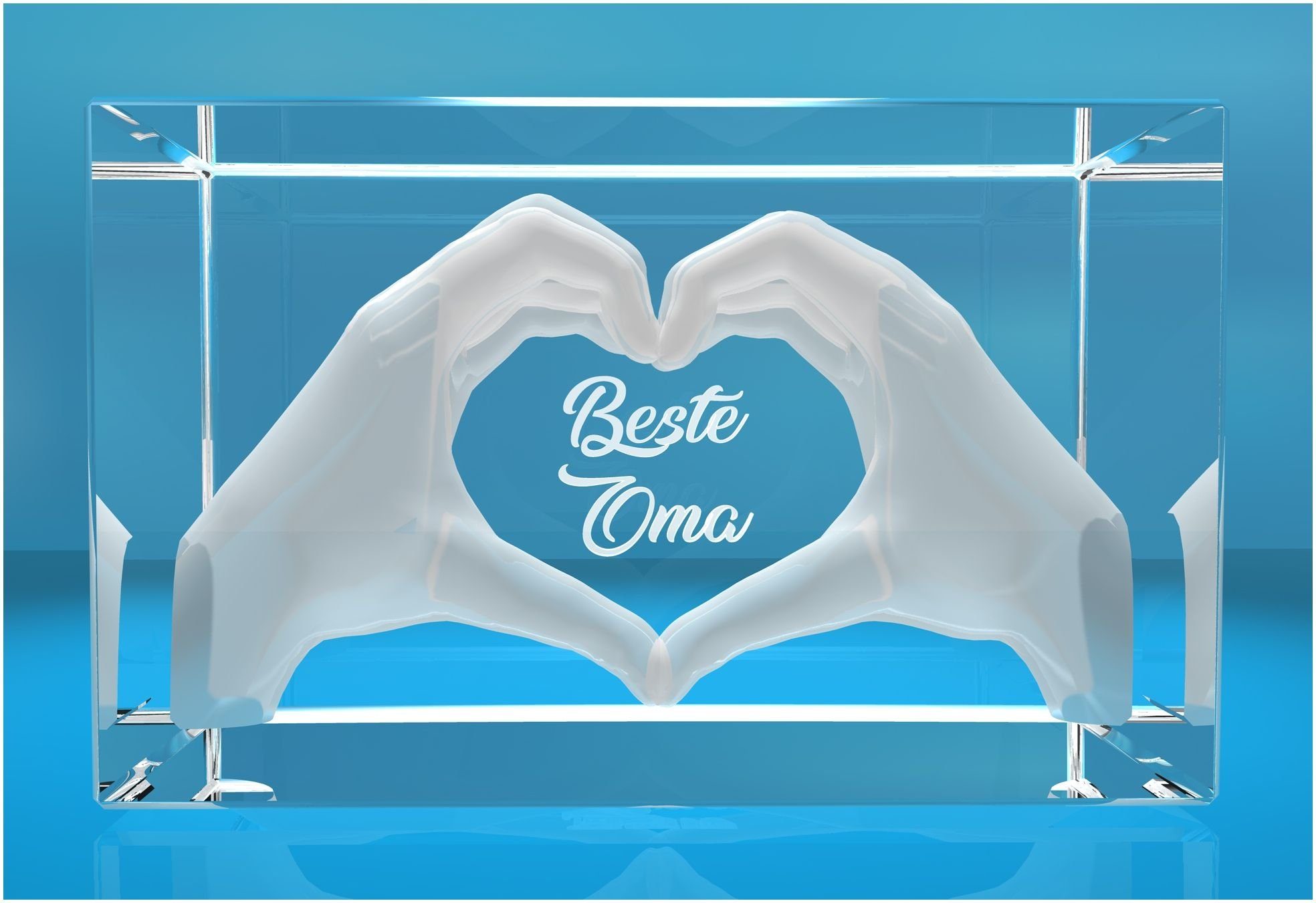 Dekofigur 3D Glasquader I Herz aus Händen mit Gravur I Text: Beste Oma!, Hochwertige Geschenkbox, Made in Germany, Familienbetrieb