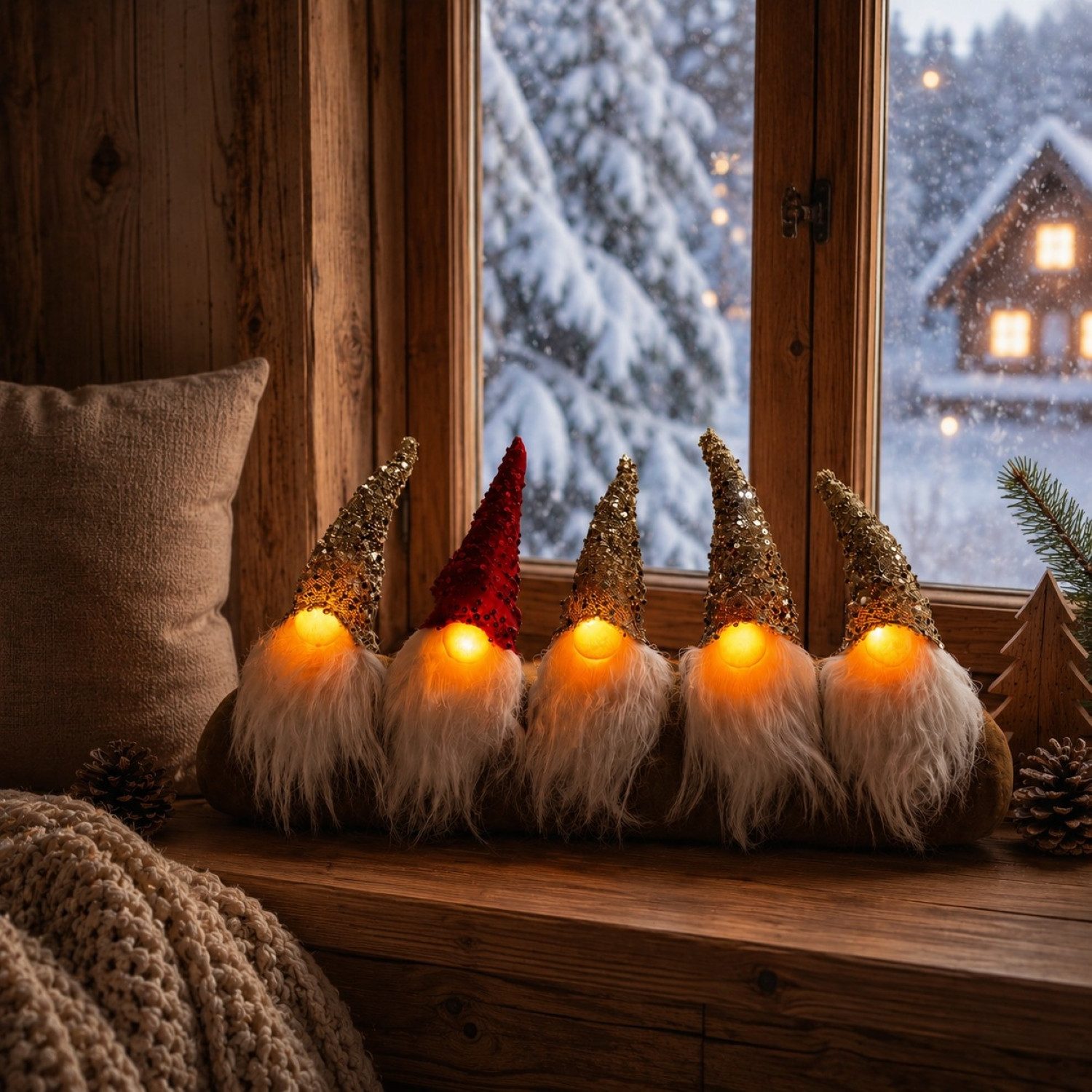 Online-Fuchs Wichtel auf Stoffrolle, 5er Parade mit leuchtender LED Nase, Weihnachtsdeko (62 cm breit, ideal für die Fensterbank oder auf dem Sideboard), inklusive praktischer 6-Stunden Timerfunktion