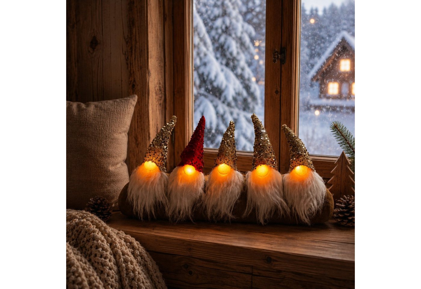 Online-Fuchs Wichtel auf Stoffrolle, 5er Parade mit leuchtender LED Nase, Weihnachtsdeko (62 cm breit, ideal für die Fensterbank oder auf dem Sideboard), inklusive praktischer 6-Stunden Timerfunktion