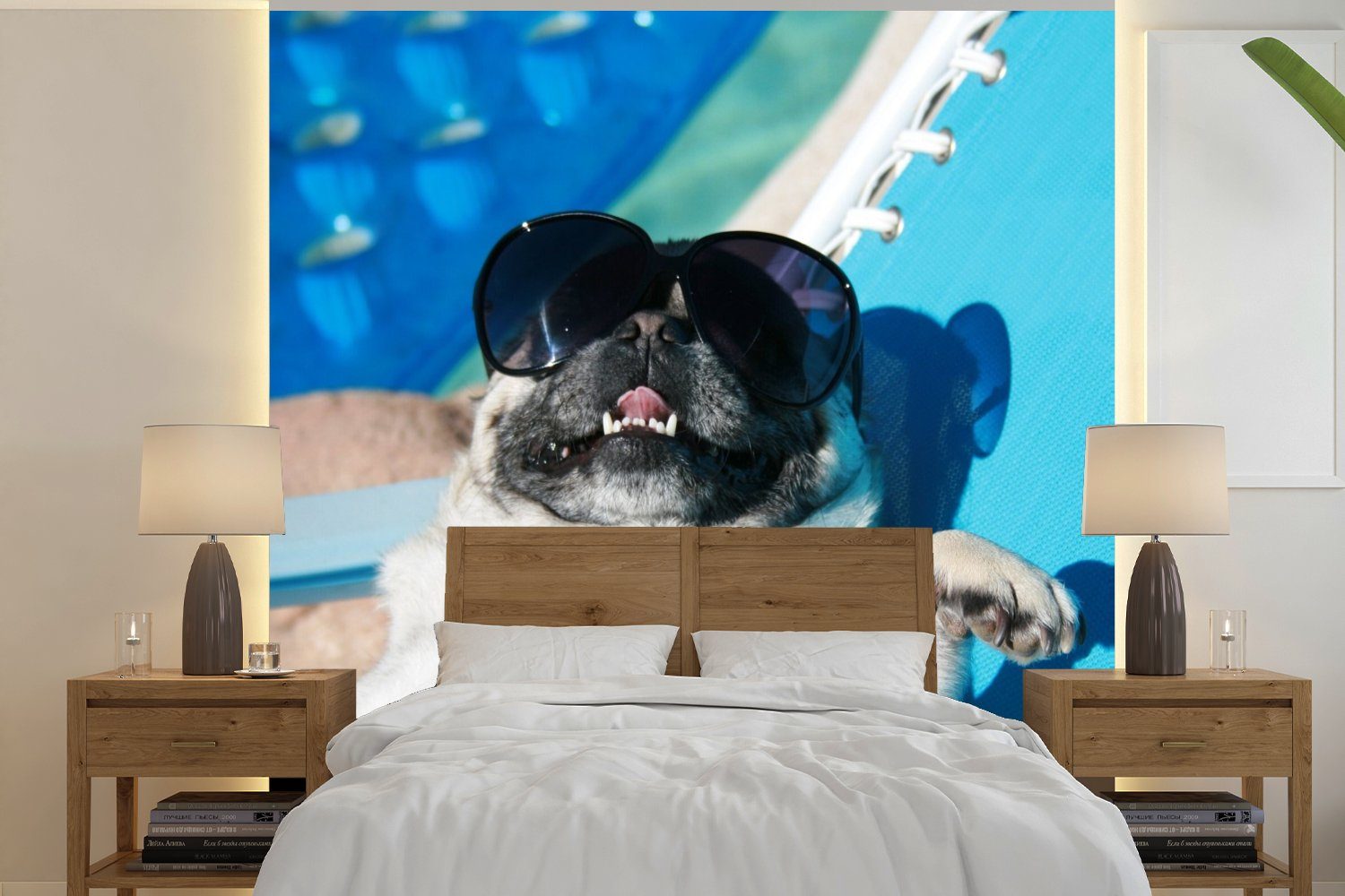 MuchoWow Fototapete Hund - Lustig - Sonnenbrille - Kinder - Jungen - Mädchen - Kind, Matt, bedruckt, (4 St), Vliestapete für Wohnzimmer Schlafzimmer Küche, Fototapete