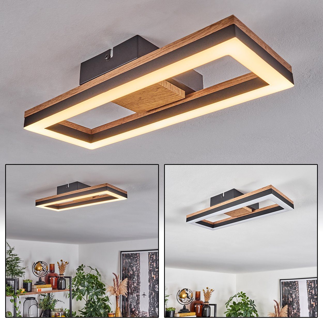 3000 Kelvin, Schwarz/Holzoptik/Weiß, hofstein in Deckenleuchte cm), cm (34,5 Metall/MDF/Kunststoff aus Deckenlampe wechselbar, LED 12 1350 3000 Lumen, Kelvin 13 x Watt,