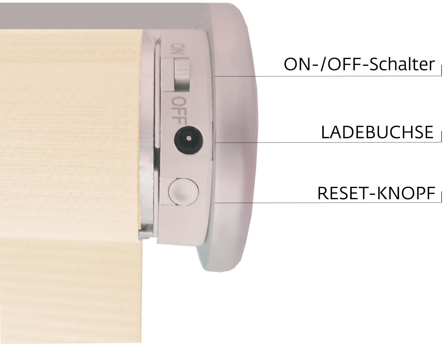 Elektrisches Rollo Akkurollo Upcycling blickdicht, creme blickdicht, Bohren, appgesteuert appgesteuert, verschraubt, via nachhaltig ohne Bluetooth, sunlines, Sunlines