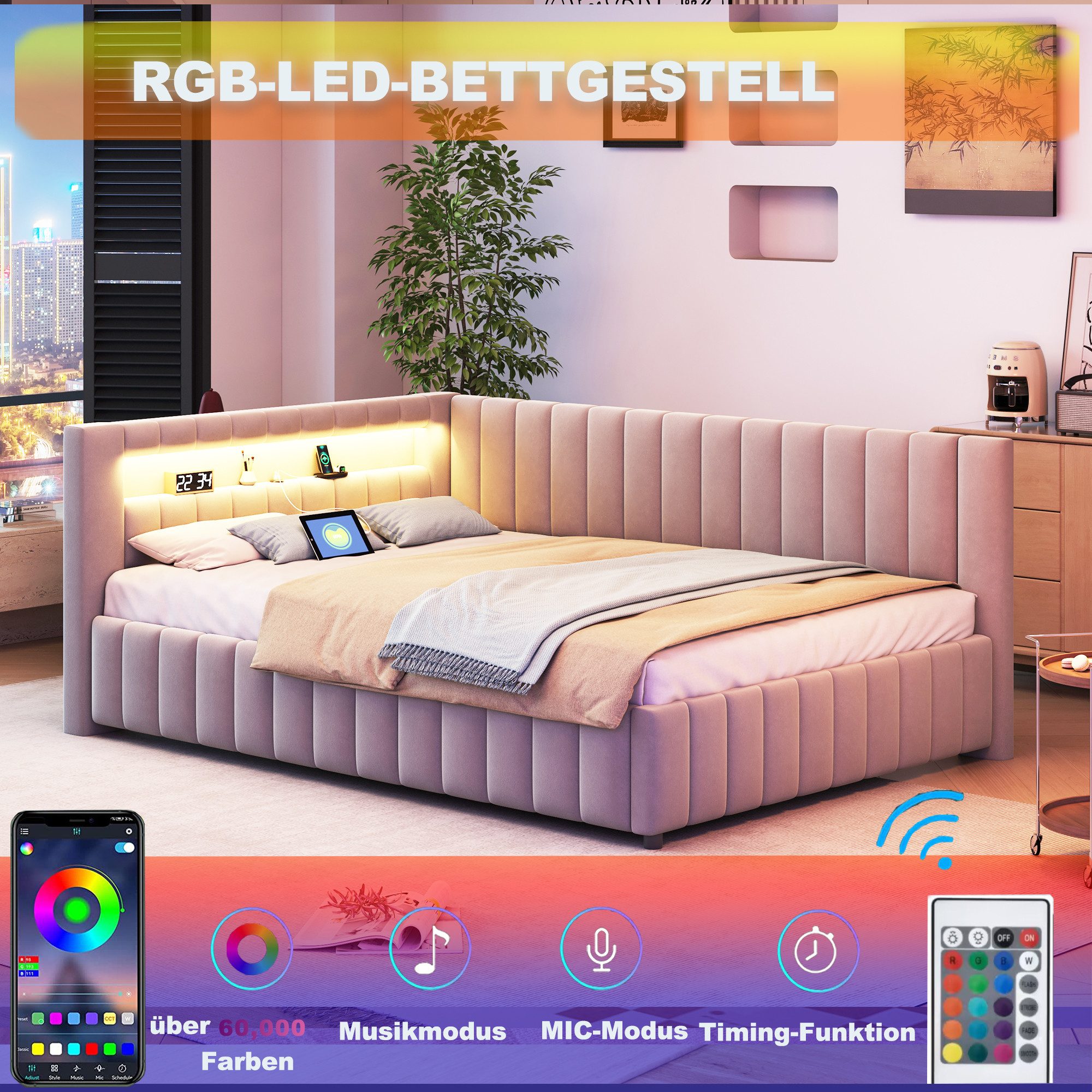 MODFU Polsterbett Daybett Tagesbett Polsterbett Doppelbett Kinderbett Gästebett (mit LED-Licht, USB-Anschluss, Rückenlehne und stabilem Rahmen, für Schlafzimmer & Gästezimmer, 140x200 cm), Ohne Matratze