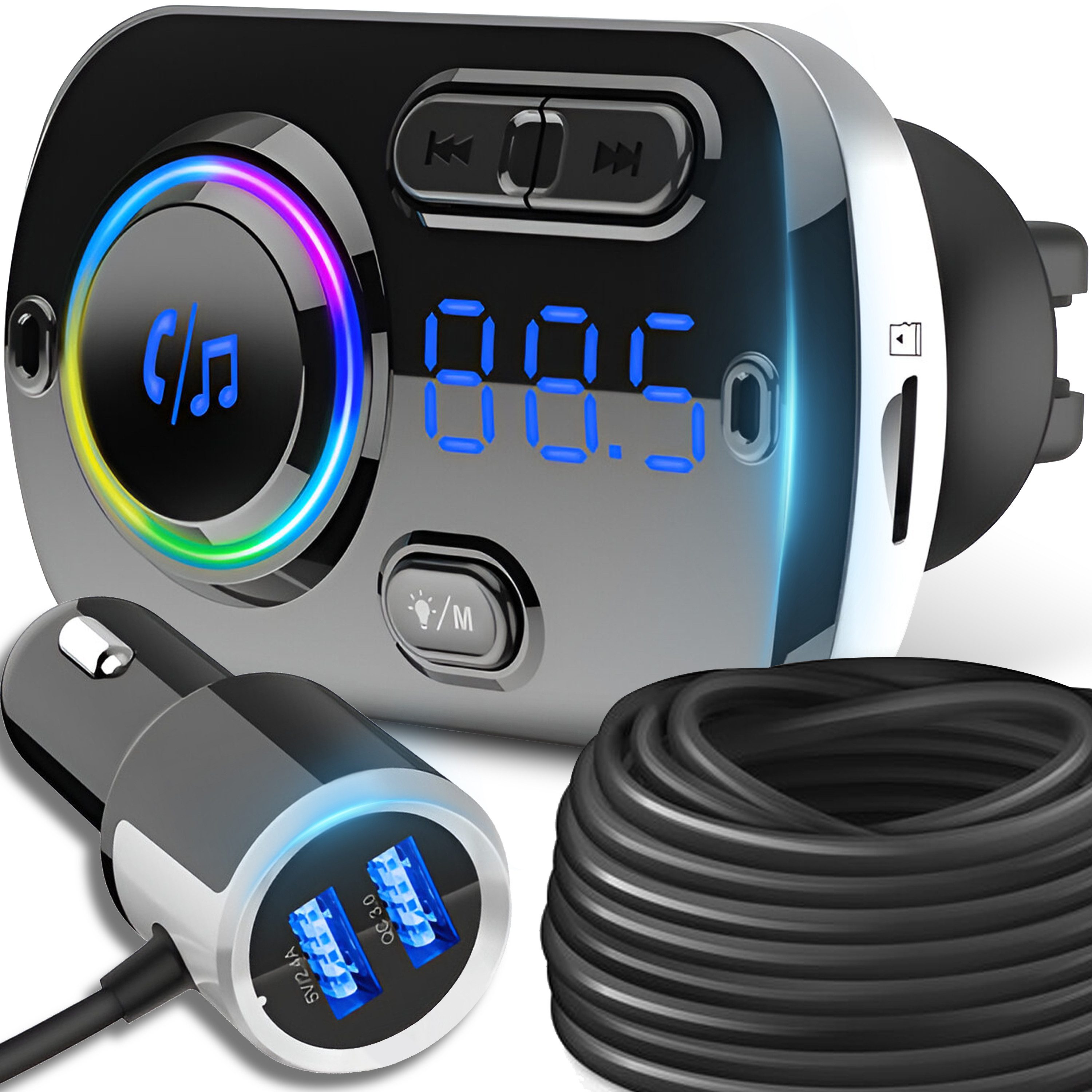 Retoo FM Transmitter Auto Radio Bluetooth 5.0 Adapter Dual USB Ladegerät KFZ-Transmitter, 110 cm, Breiter Frequenzbereich, Zwei USB-Anschlüsse, RGB-Beleuchtung