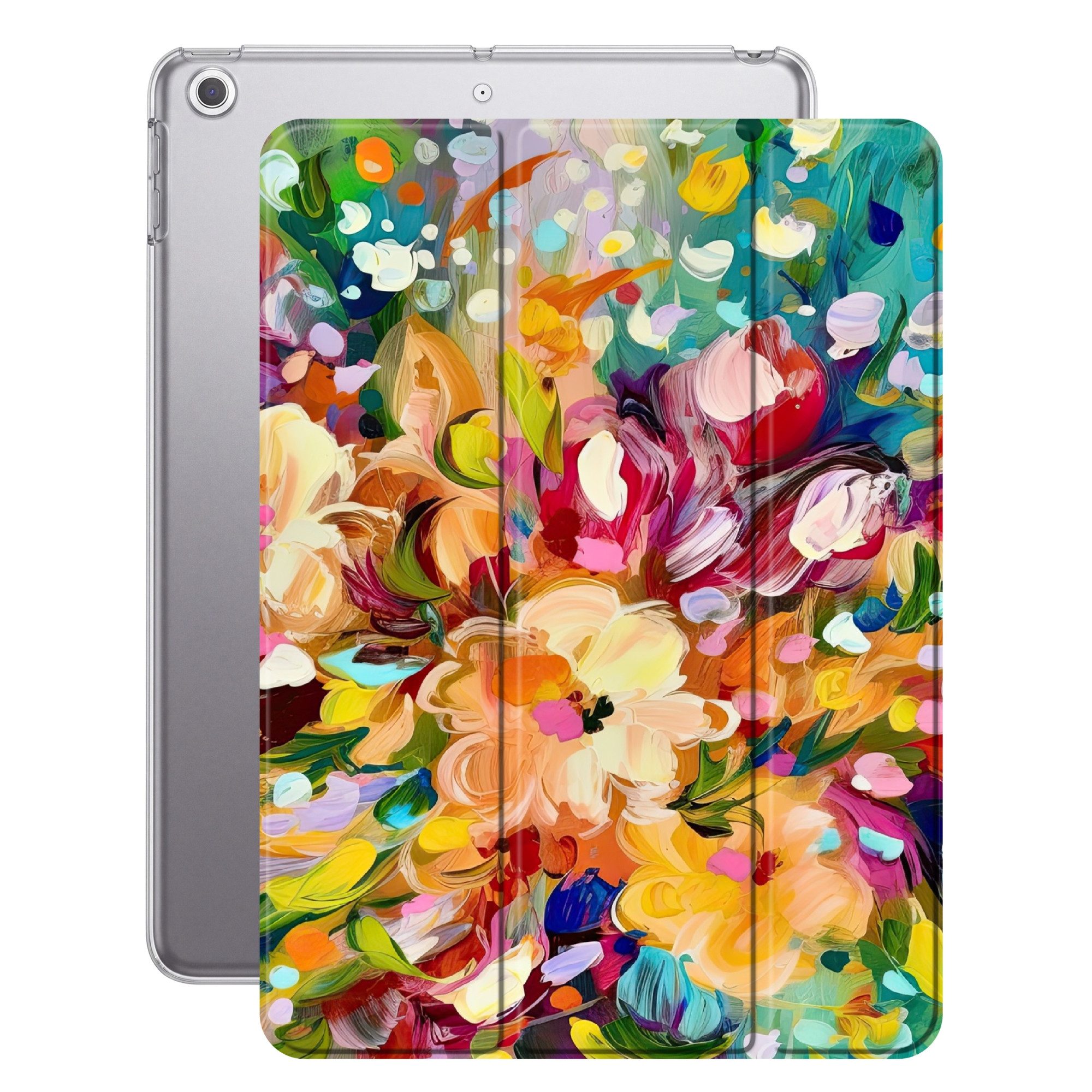 OnlyWow Tablet-Hülle Apple iPad Air 2 Gemälde - Ölfarbe - Blumen - Regenbogen, Klapphülle, Dünn, Magnetisch, Design