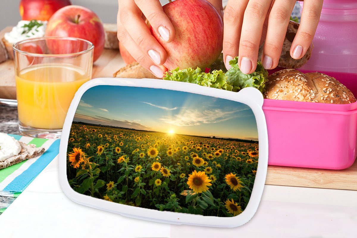 Blumen Sonnenuntergang - - Brotbox Brotdose MuchoWow Snackbox, - Mädchen, Kinder, Sonnenblume für Landschaft, Kunststoff (2-tlg), - rosa Horizont Erwachsene, Kunststoff, Lunchbox
