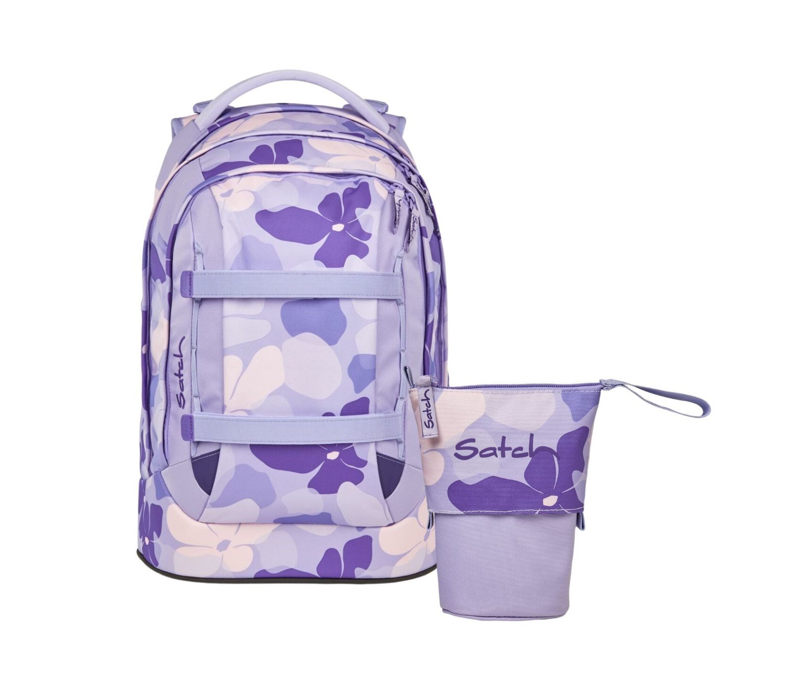 Satch Schulranzen Schulrucksack-Set PACK Lilac Blossom 2-teilig (2-teilig), ergonomisch, Your-Size-System: auf Körpergröße anpassbar