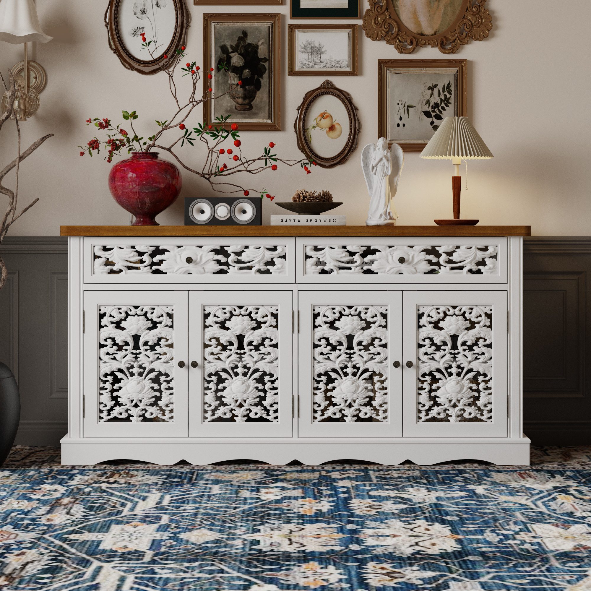 HOMSEE Sideboard Kommode Rokoko mit 2 Schubladen & 4 Türen verstellbar (1 St), Edler Rokoko-Stil mit viel Stauraum & verstellbaren Böden
