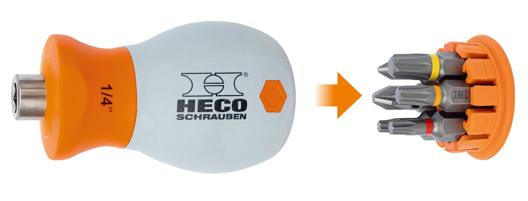 HECO Schrauben Bit-Schraubendreher Stubby Mini-Schraubendreher mit 6-tlg. Bitmagazin im Griff, (1 St., 6-tlg. Bitmagazin im Griff, HD- und PZD-Bits)