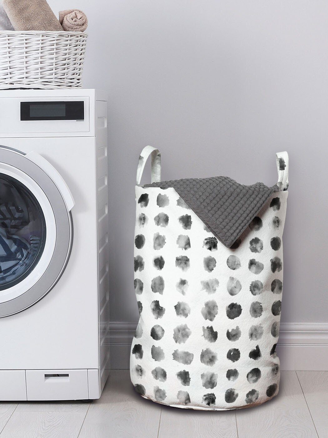 Abakuhaus Wäschesäckchen Wäschekorb mit Griffen Grau Circular und Waschsalons, Kordelzugverschluss für Schwarz Blob
