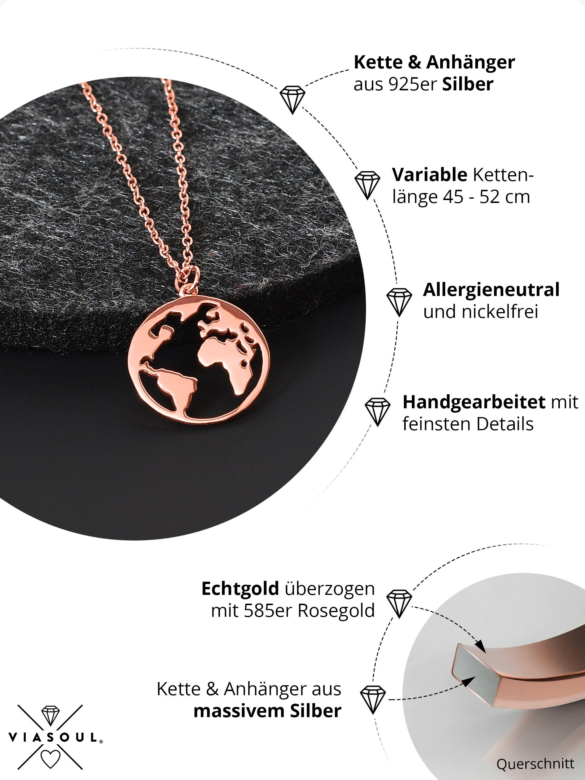 VIASOUL Halskette I Rose Kette mit für stahlender Weltkugel Zertifikat, Welt Weltkarte Mit I Glanz Anhänger Damen