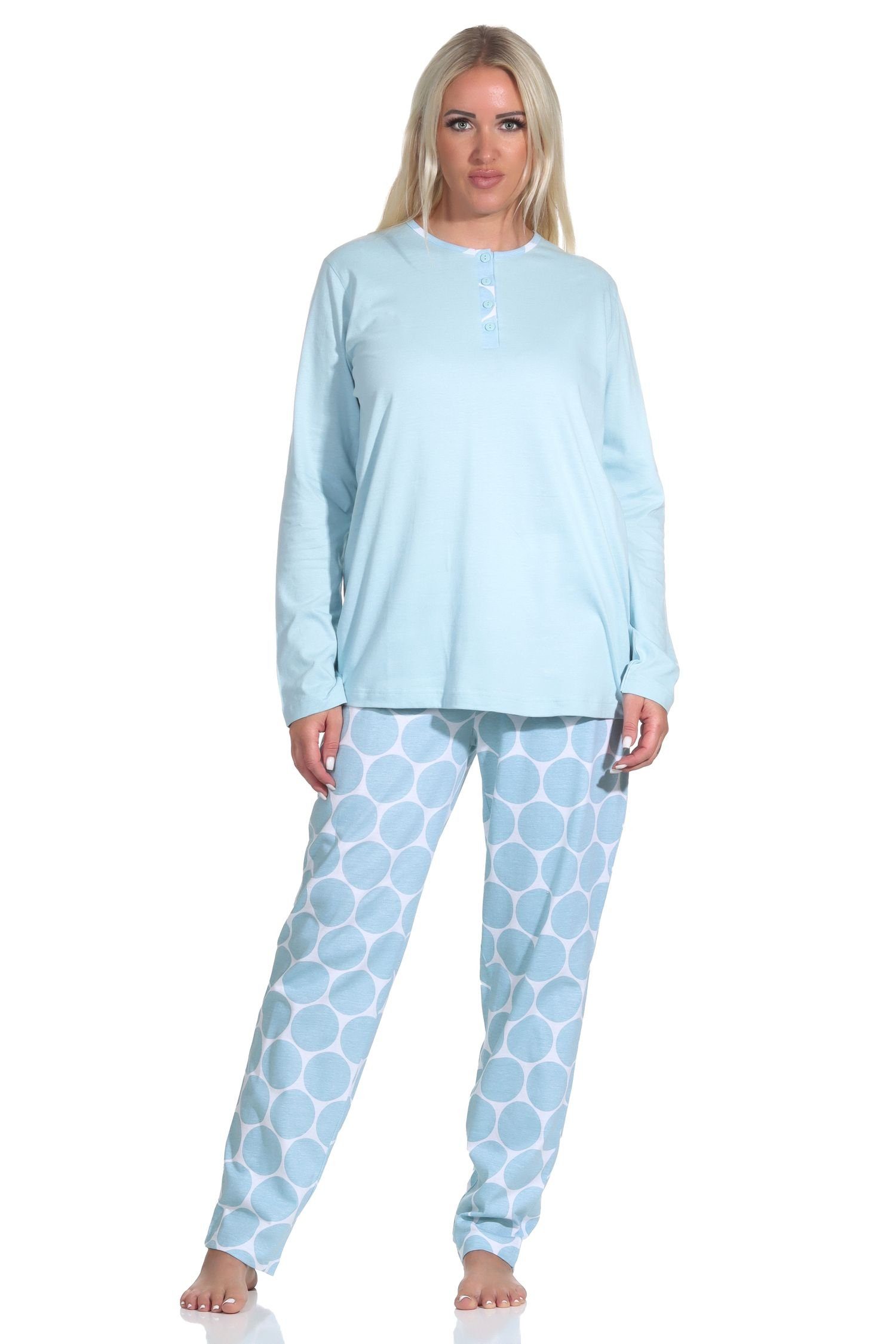 Normann Pyjama Damen Schlafanzug langarm mit Pyjama Hose in Tupfen / Punkte Optik hellblau