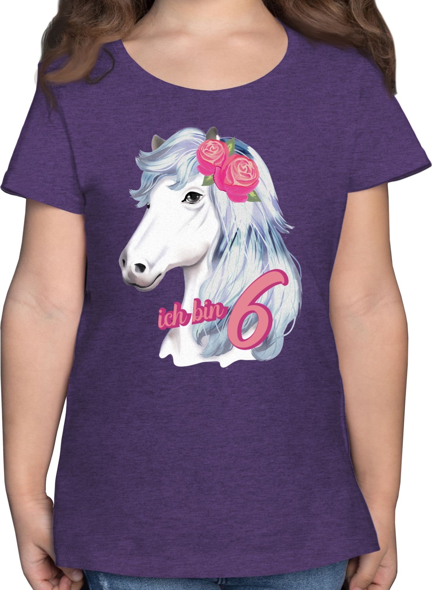 Shirtracer T-Shirt Ich bin sechs Aquarell Pferd 6. Geburtstag 2 Lila Meliert