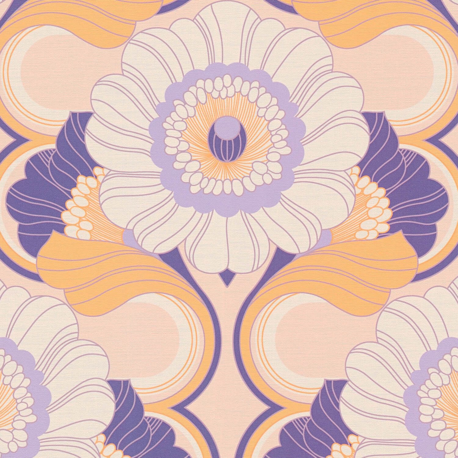 Profhome Vliestapete 395303-GU Retro Tapete Blumen matt violett beige creme-weiß, geprägt, (1 Rolle, 4,51 qm), heißgeprägte Vliestapete, flieder