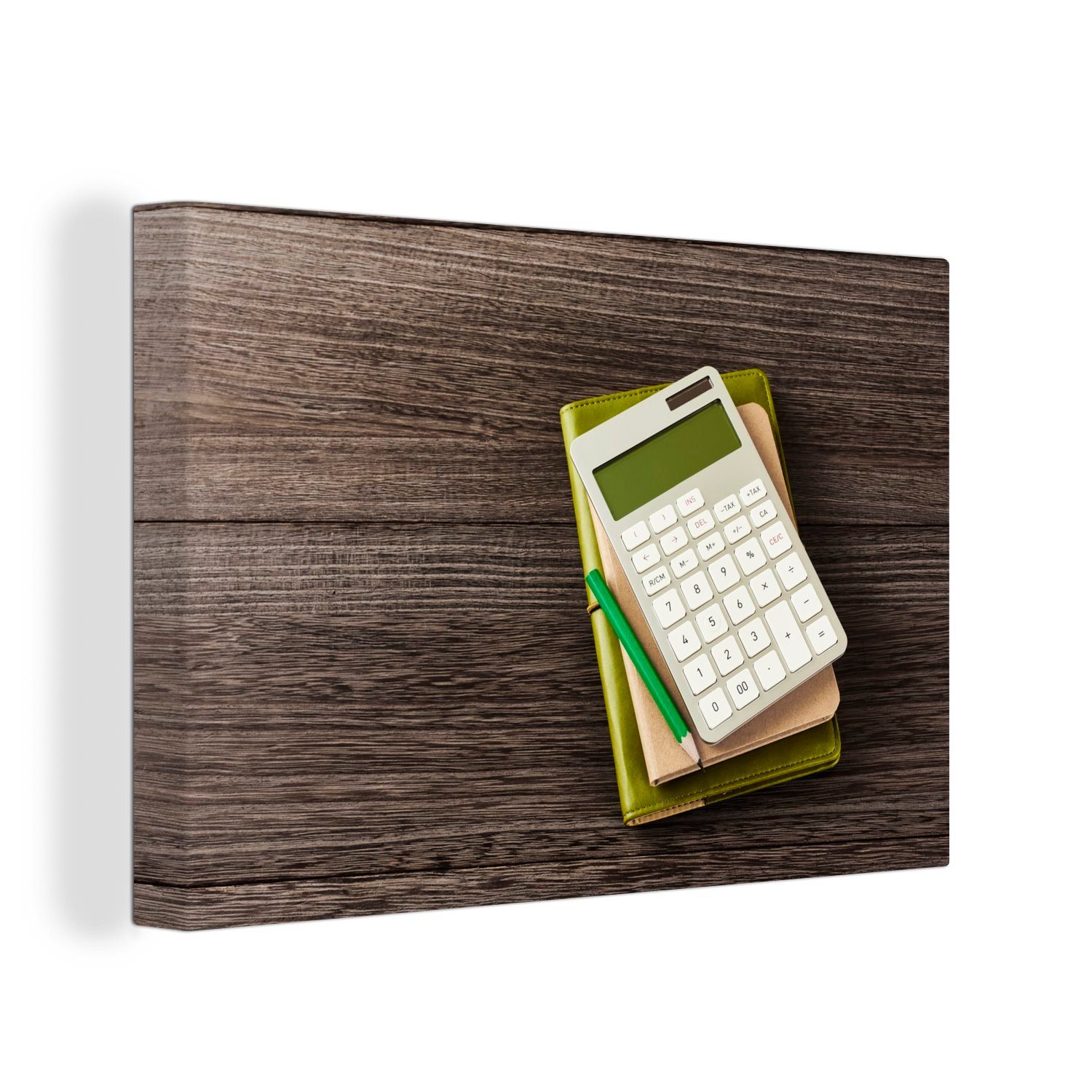OneMillionCanvasses® Leinwandbild Taschenrechner auf einem Tagebuch mit einem Bleistift, (1 St), Wandbild Leinwandbilder, Aufhängefertig, Wanddeko, 30x20 cm