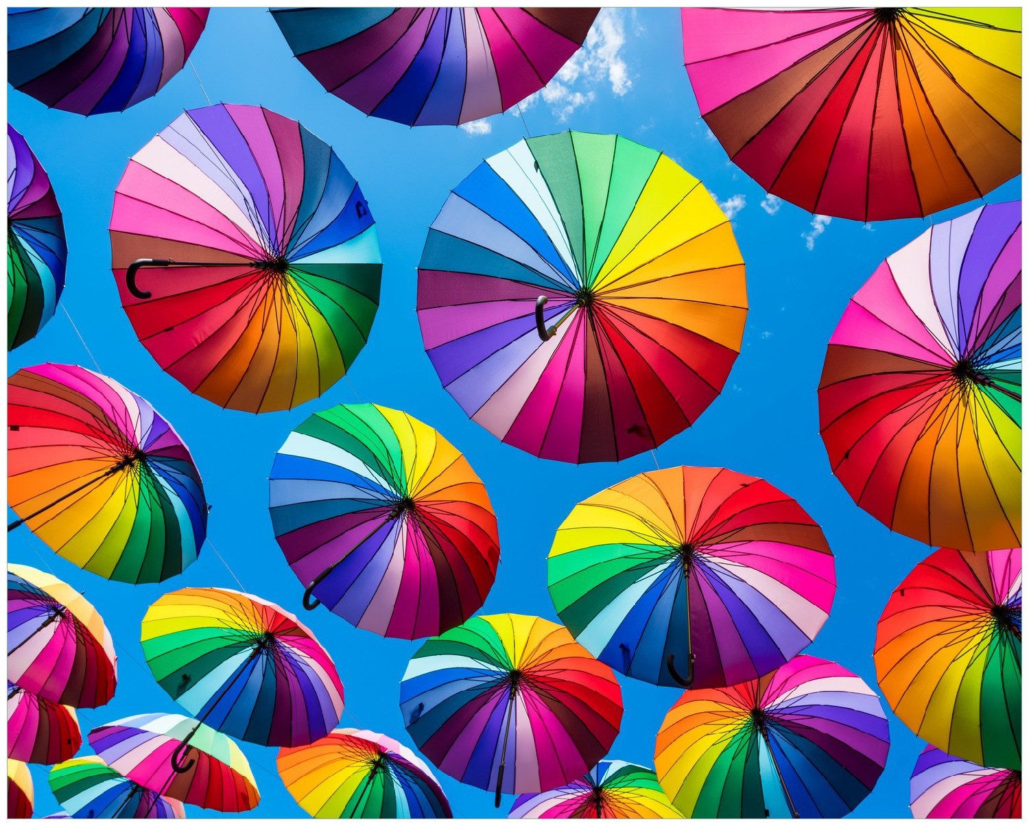 Wallario Poster, Bunte Regenschirme vor blauem Himmel, in verschiedenen Ausführungen