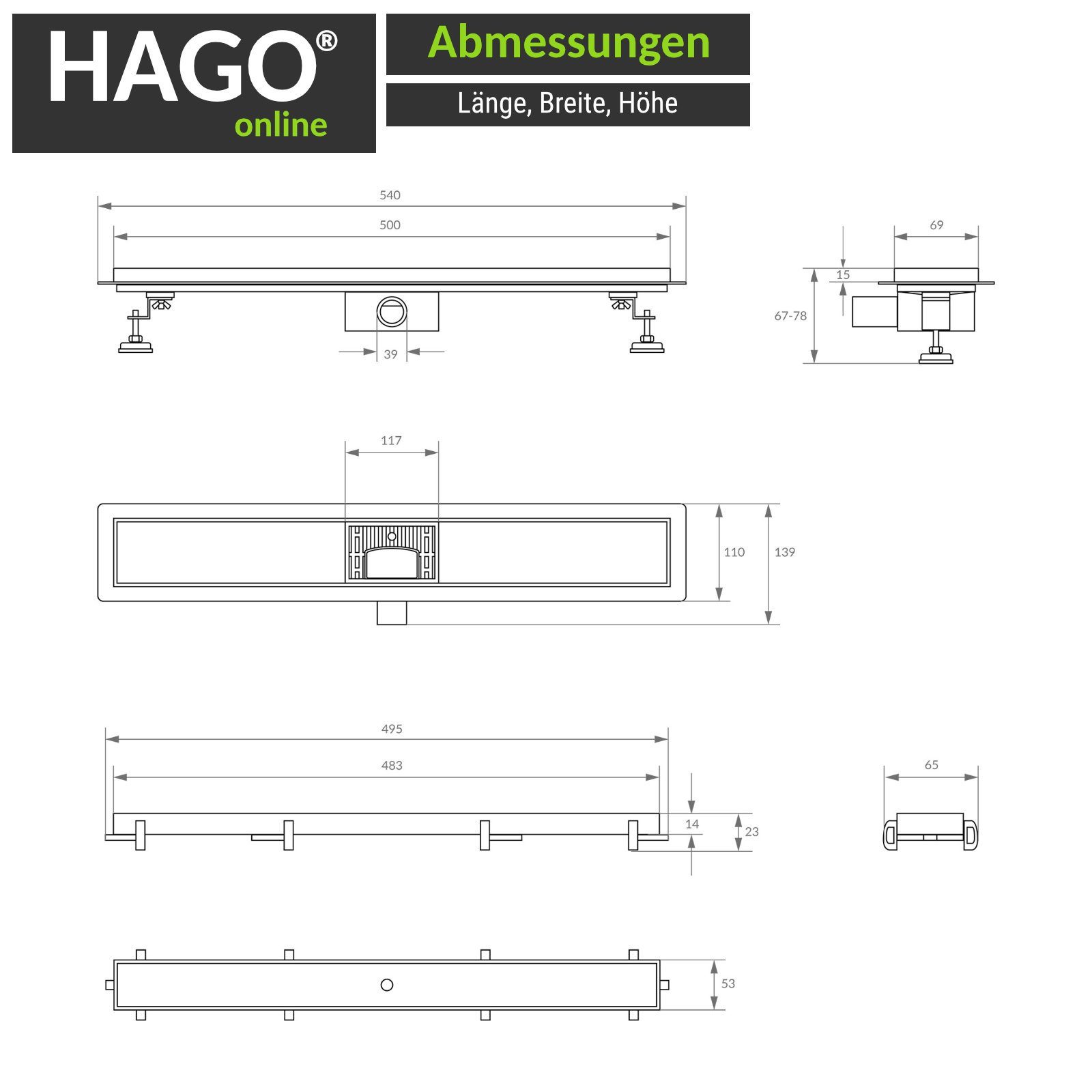 HAGO Duschrinne 2in1 Duschrinne Schwarz Duschablauf Bodenablauf Abflussrinne Edelstahl