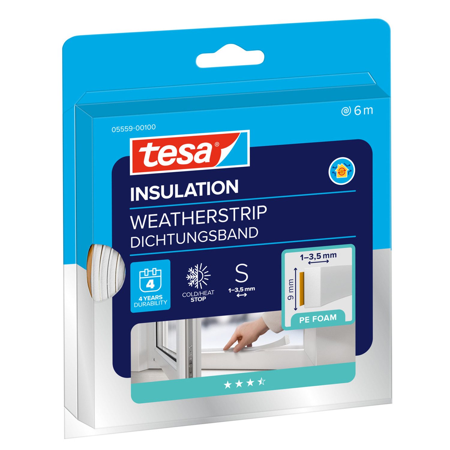 tesa Dichtband INSULATION Dichtungsband S - PE-Schaumstoffdichtung zum Isolieren (Packung, 1-St., Dichtungsband S weiß - 6 m x 9 mm x 4 mm) von Spalten im Haushalt, selbstklebend