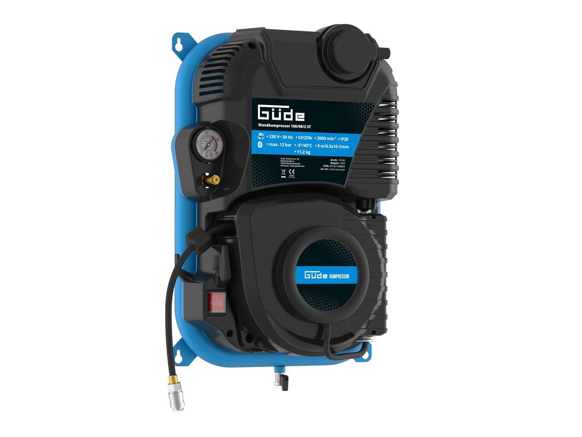 Güde Kompressor Wandkompressor 160/08/2 ST, 1100 W, max. 8 bar, 2 l, 1,1 kW, 8 bar Betriebsdruck, 230 V, 2 l Kesselinhalt