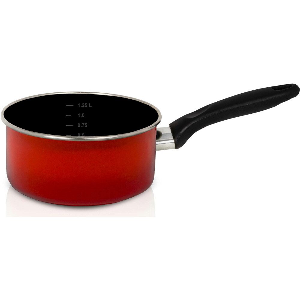 Krüger Kochtopf Stieltopf Rom 16 cm Emaille rot geflammt, Nachhaltiges, nickelfreies Emaille-Kochgeschirr