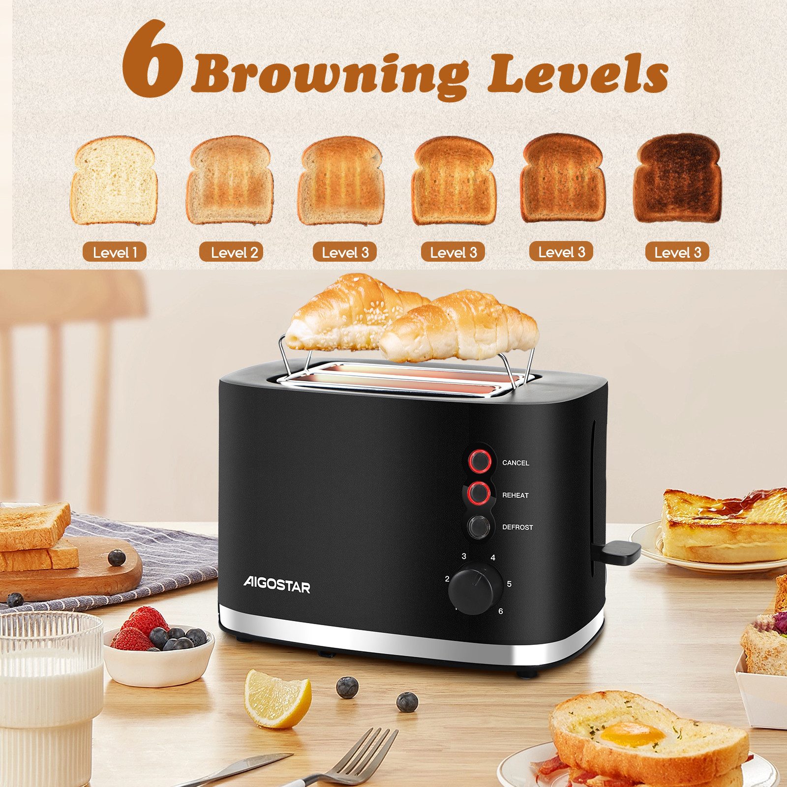 Aigostar Toaster Toaster 2 Scheiben, extra breite Toastschlitze, 6 Bräunungsstufen,800W, 2-Scheiben-Toaster, für 4 Scheiben, 800 W, Kompakter Toaster mit breiten Schlitzen & Brotzentrierung