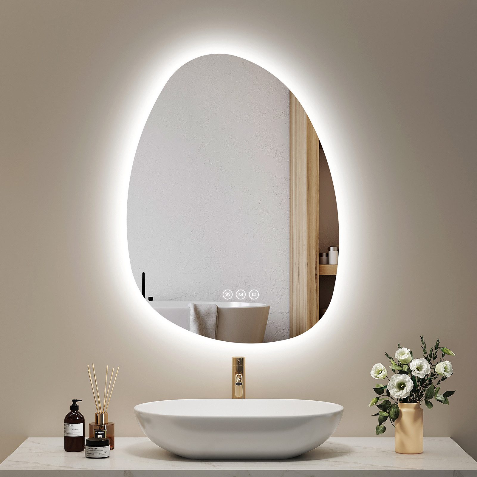 EMKE Badspiegel mit Beleuchtung Wandspiegel asymmetrisch Lichtspiegel (Kies günstig online kaufen