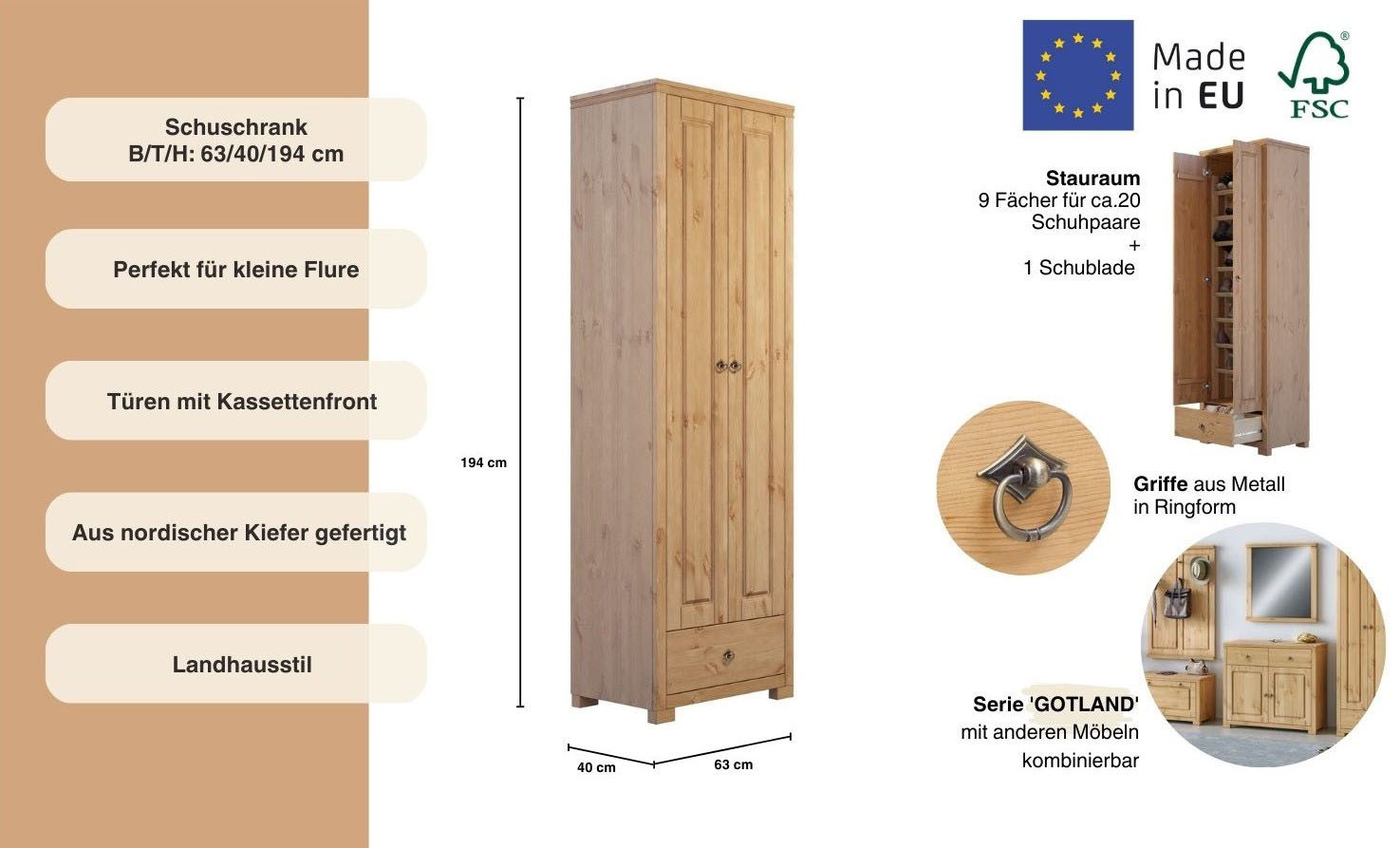 OTTO home Schuhschrank Gotland aus massiver Kiefer, FSC®-zertifiziert, Höhe 193 cm