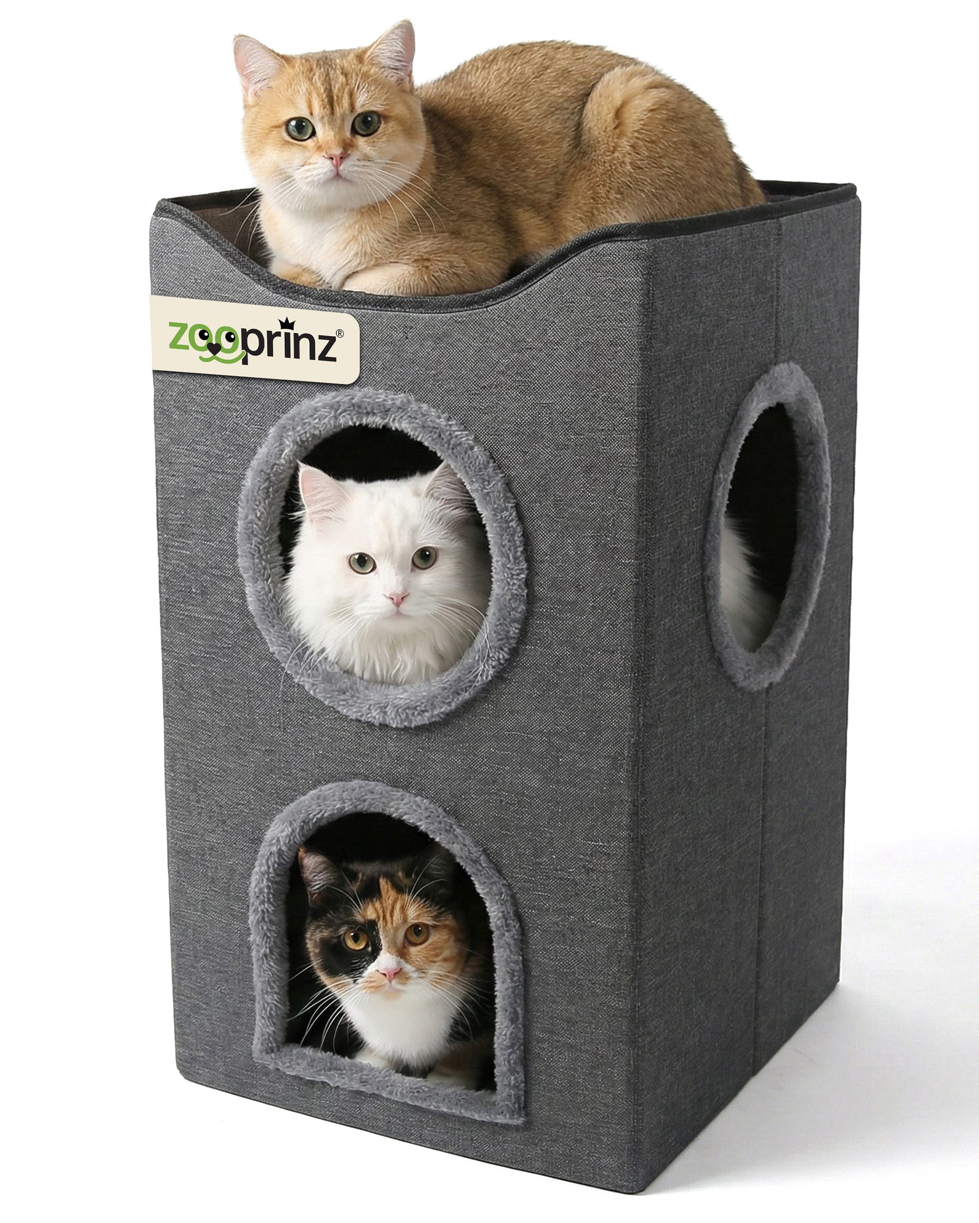 Zooprinz Katzenhaus Katzenhöhle Kira, Liegefläche, Wendekissen, faltbar, zweistöckig, 36 × 36 × 60,5 cm, Anti-Rutsch-Boden, Leinenstoff, Grau